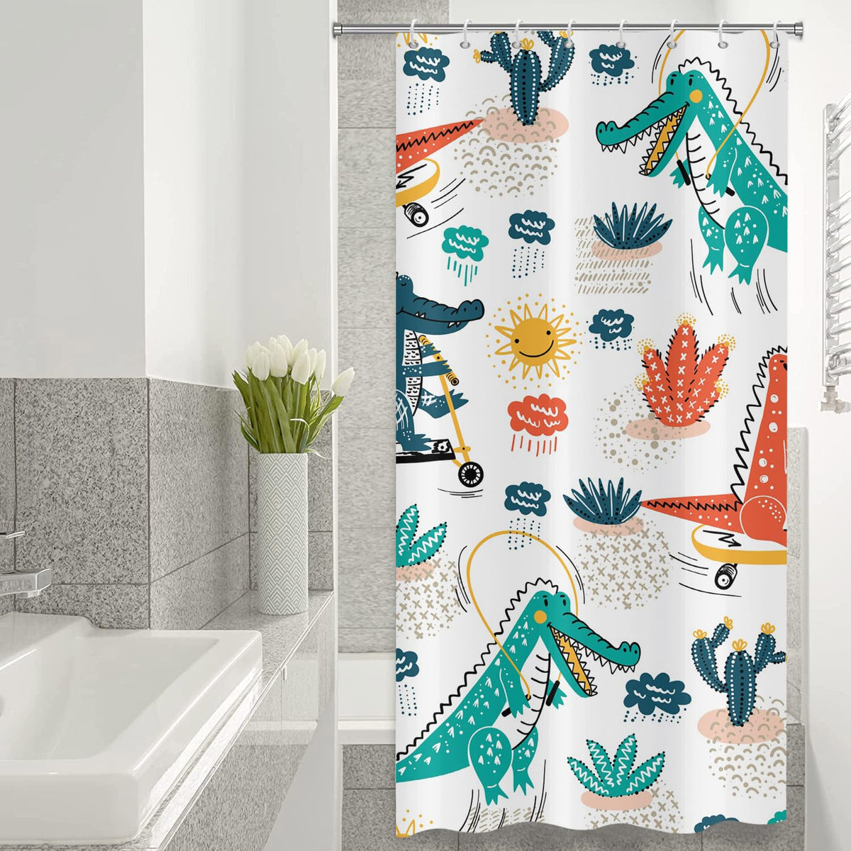 ASDCXZ Kids Shower Curtain 120x180 cm, Cute Cartoon Crocodile Cactus Sun Cloud Bath Washable Narrow Shower Curtains with eyelets Polyester Textile