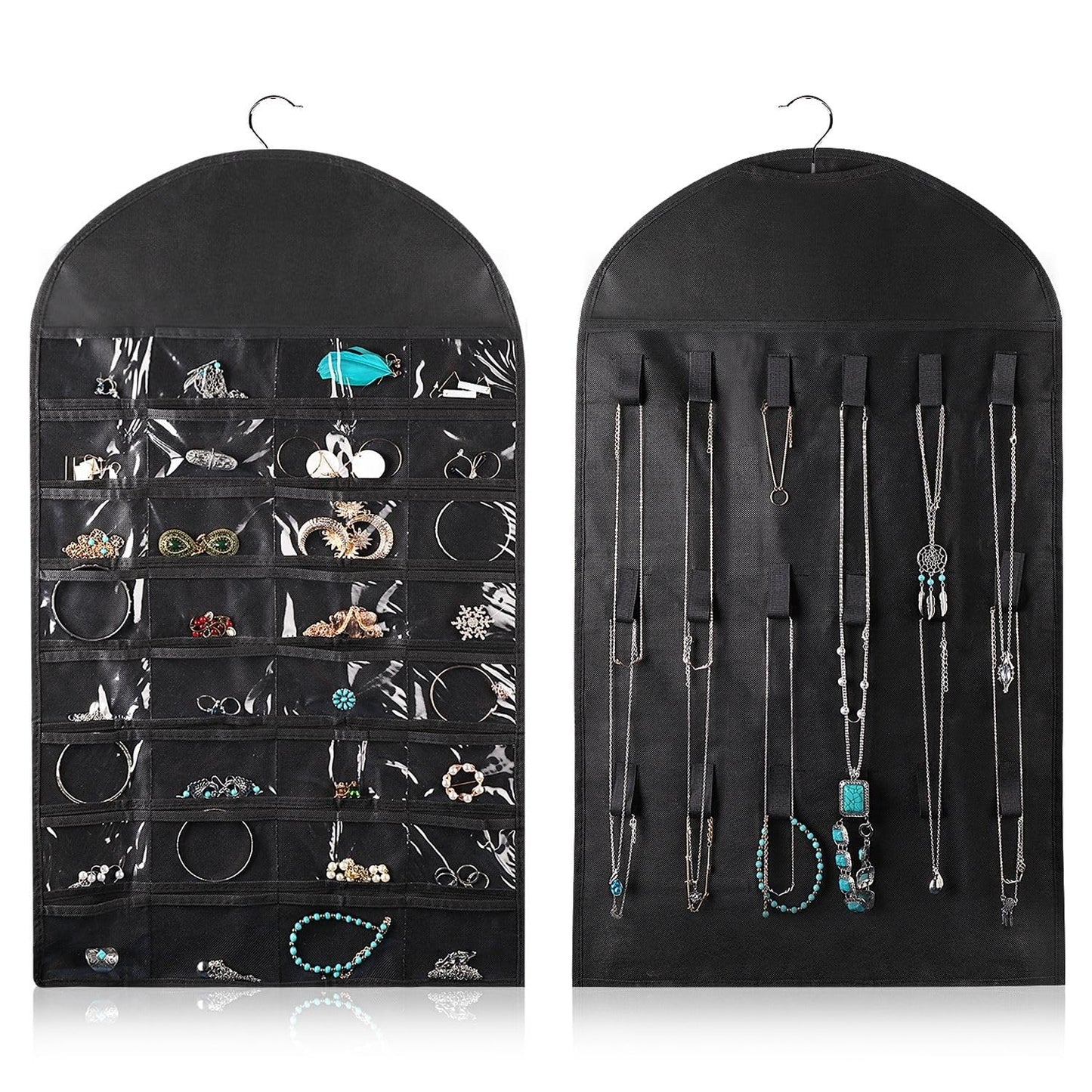 Flexzion Hanging Jewelry Organizer – (1 Pack) Black 32 Clear Pockets & 18 Hooks & Loops