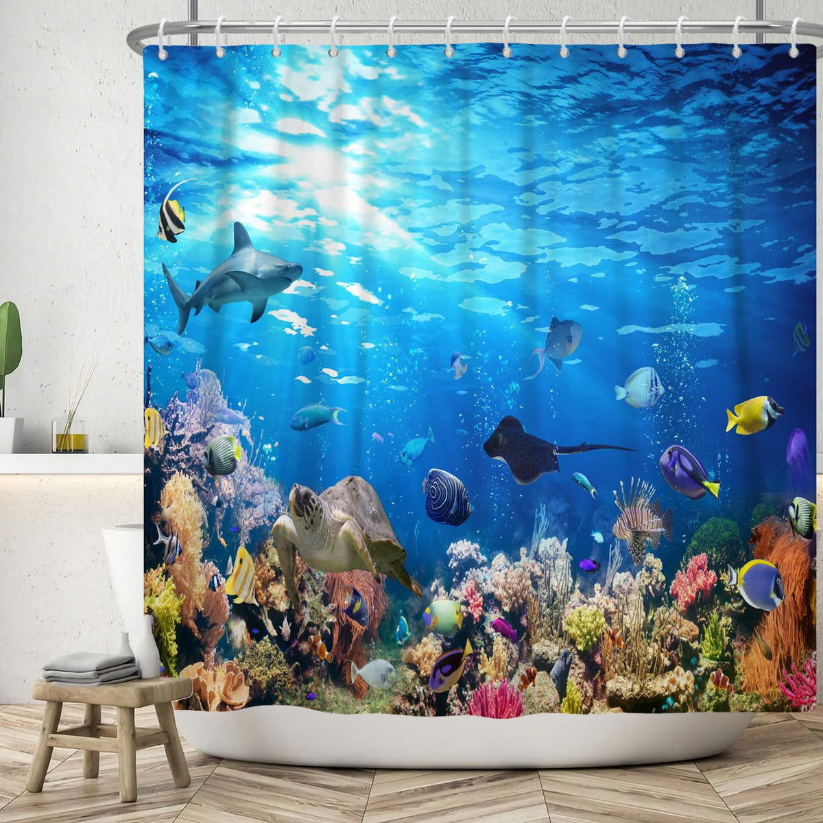 ASDCXZ Sea Floor Shower Curtain 180x180 cm, Blue Deep Sea Ocean Colorful Underwater World Shark Turtle Fish Washable Shower Curtains Polyester Textile