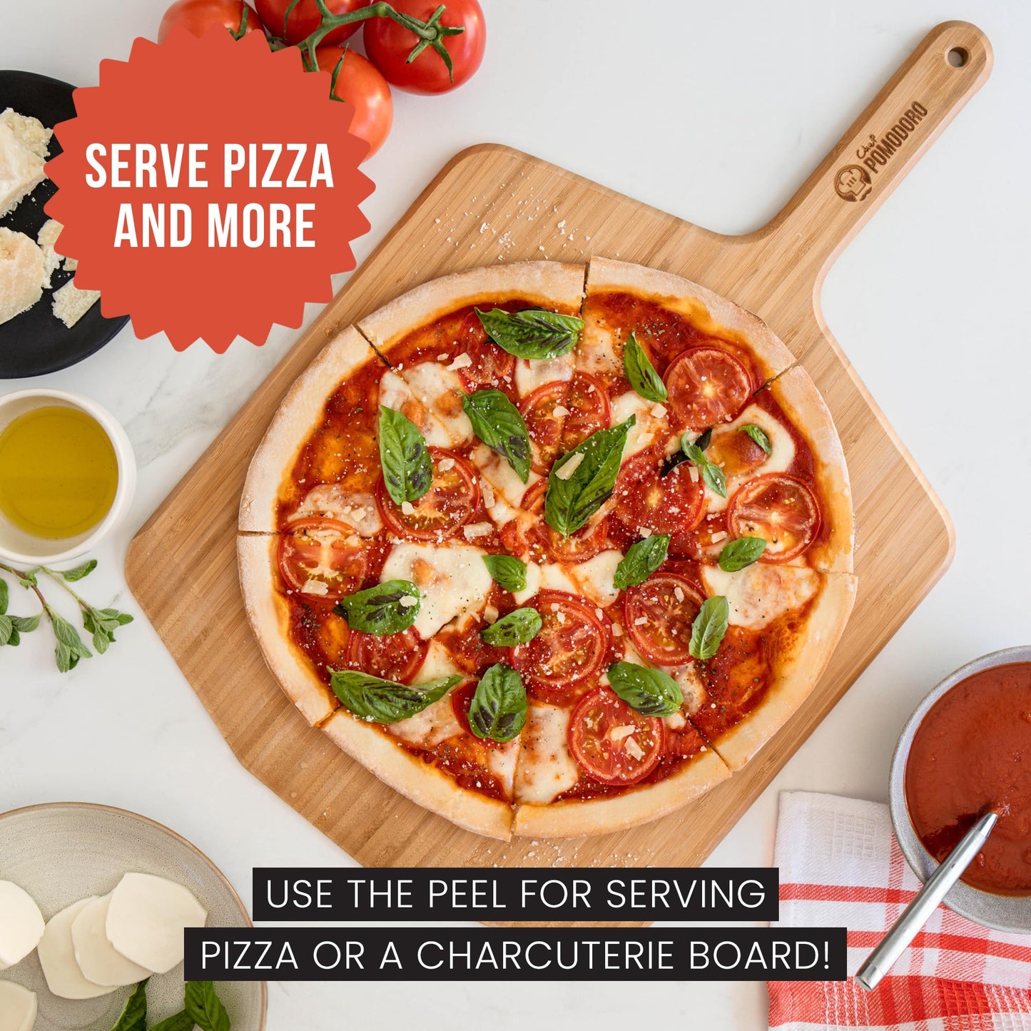 Chef Pomodoro 16-inch Bamboo Pizza Peel, Wooden Pizza Peel 16 Inch (41 cm), Pizza Paddle, Wood Pizza Board, Pizza Peel with Handle, Pizza Oven