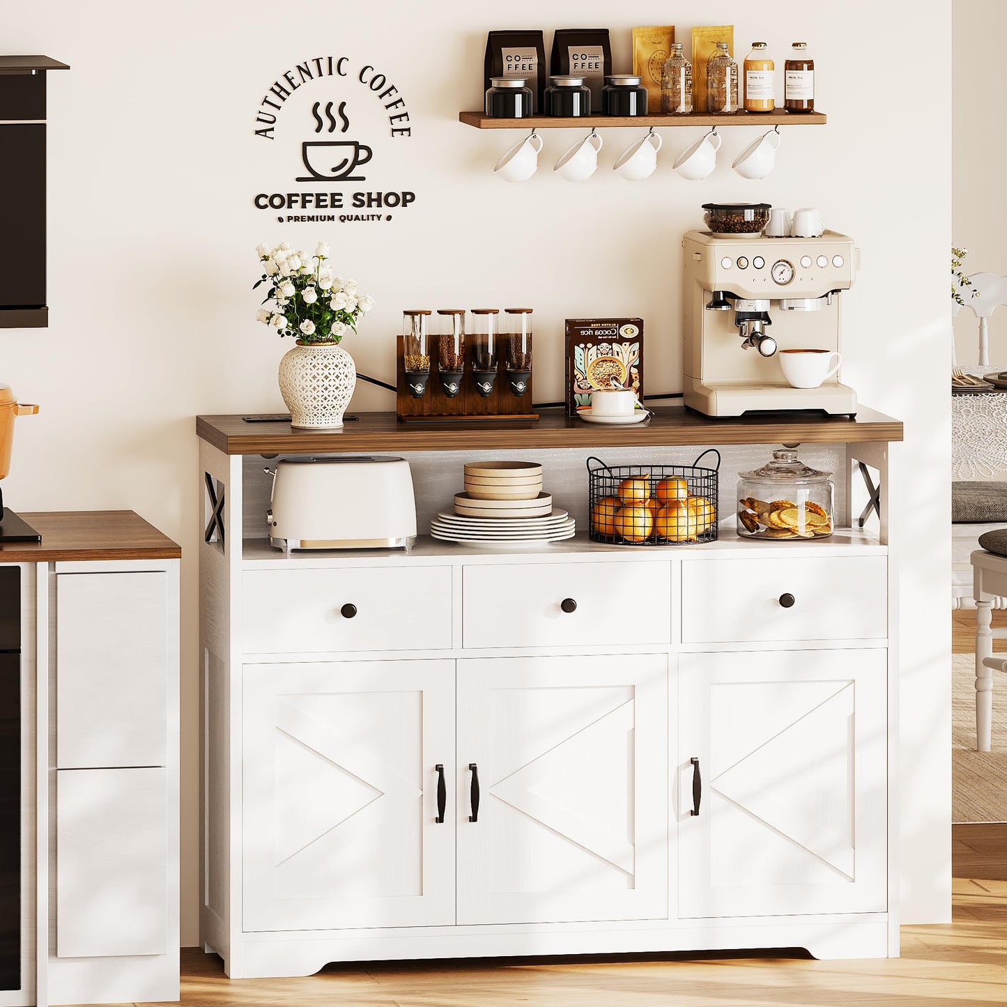 IRONCK Sideboard Kitchen Cabinet with Power Outlets, 107x35x95cm, White