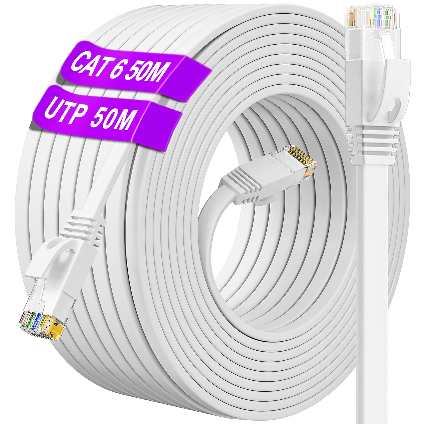 Long Ethernet Cable 50m, CAT 6 Internet Cable 50m High Speed 10/100/1000Mbit/s, Flat Ethernet Network Cable Outdoor Indoor, Gigabit Broadband RJ45