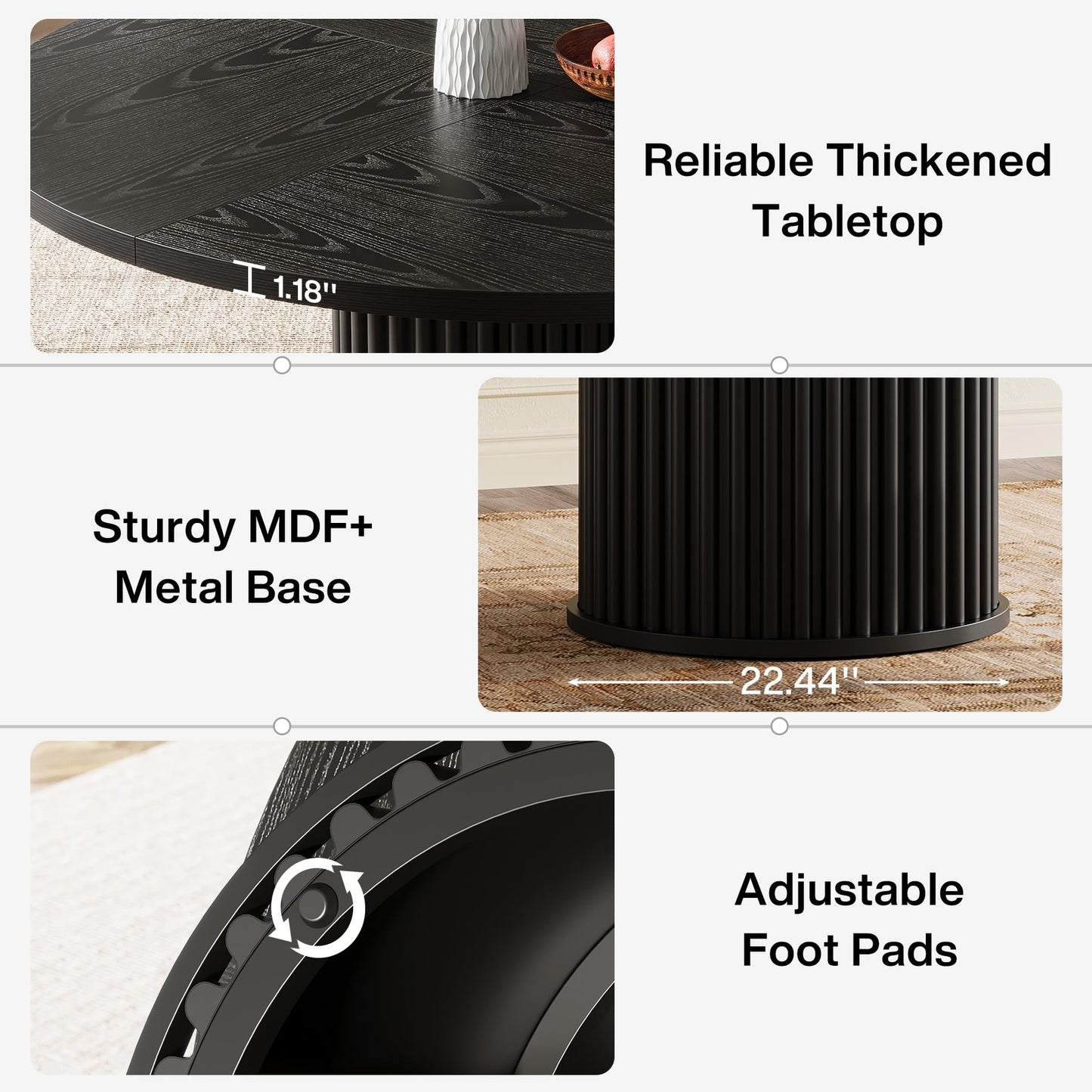 Tribesigns 47-Inch Black Round Dining Table for 4-6 People, Modern Circle Kitchen Table with Fluted Round Base
