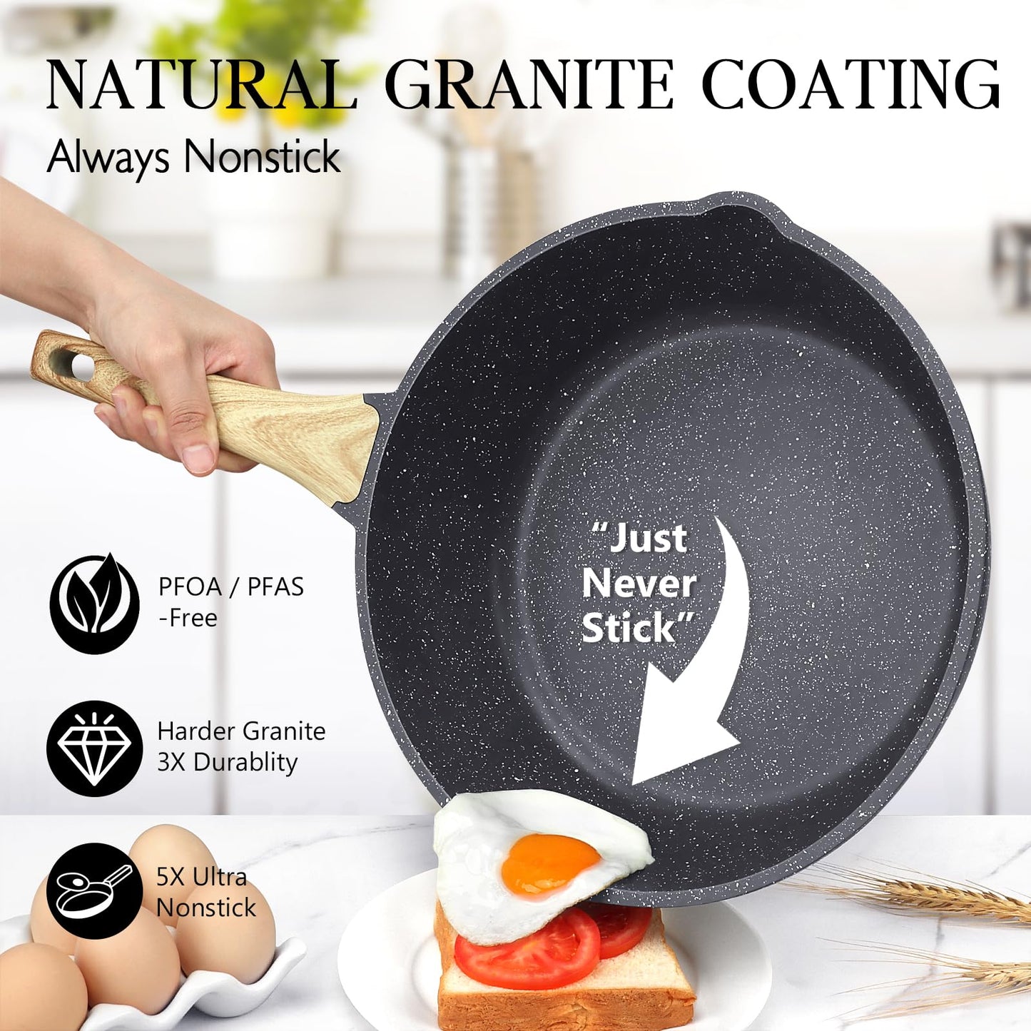 GiPP Nonstick Deep Frying Pan - 2.6L Grey Granite Saute Pan with Lid, Pour Spout and Stay-Cool Handle, Non Stick Skillet Non Toxic Cooking Pan