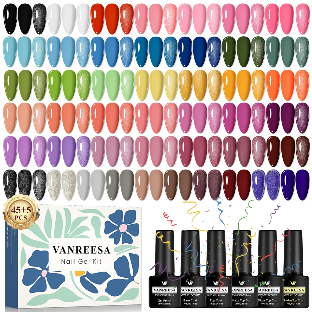 VANREESA Gel Nail Polish Set, 45+5 PCS Classic White Black Red Glitter Pink Blue Gel Polish Set with Base Top Coat Suitable for All Seasons Soak Off