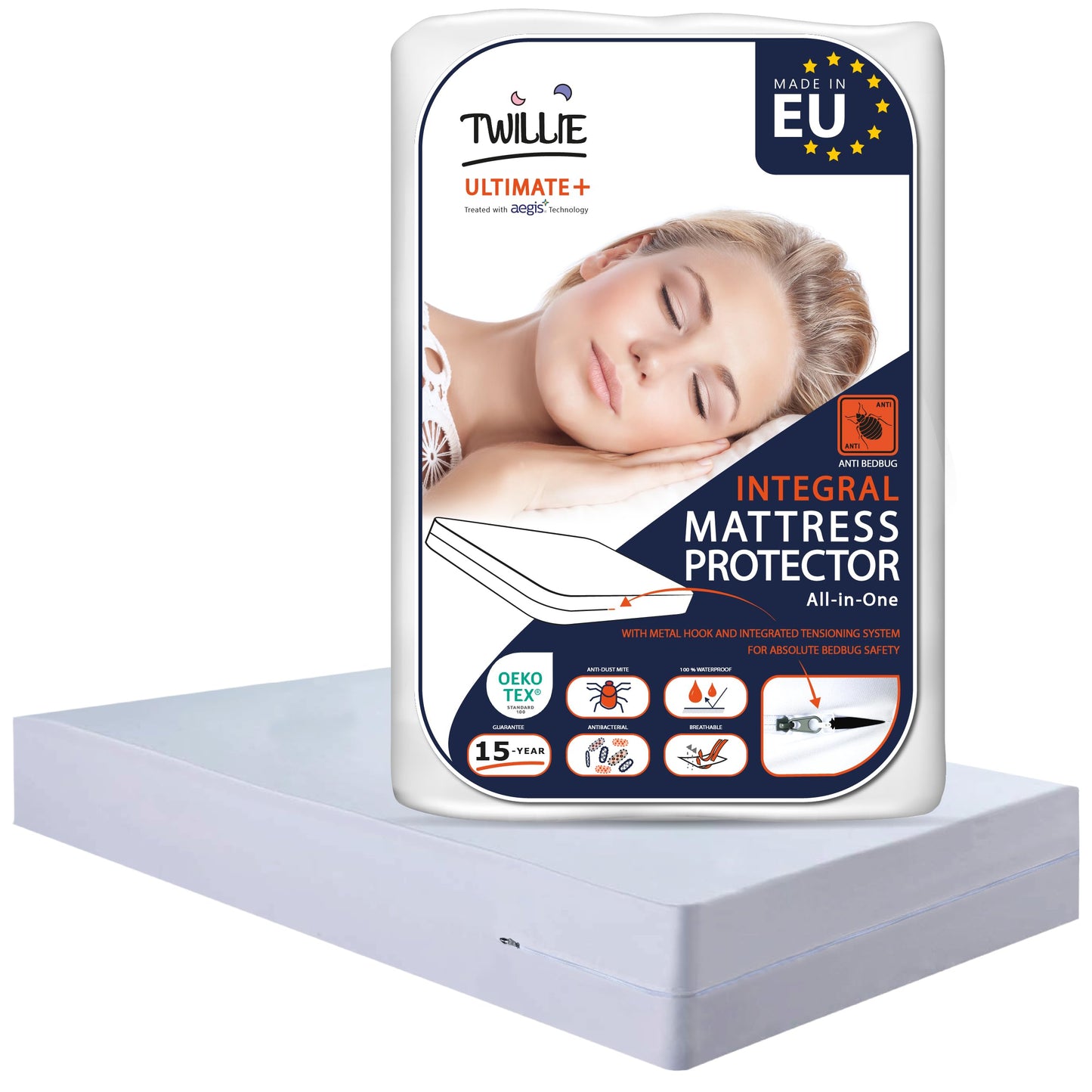 Twillie - Integral Mattress Cover 80x190x15 cm Waterproof - Anti bedbug - Oeko-TEX® Mattress Cover AEGIS® treatment Anti-Dust Mite, Anti-Bacterial