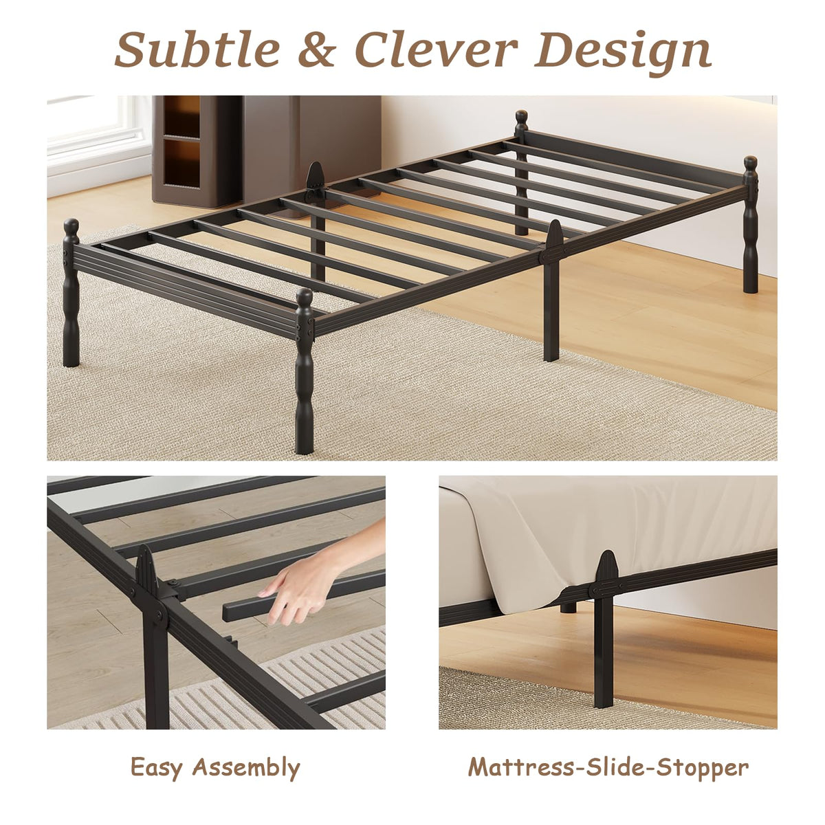 APEXTELLA HOME Double Bed Frames 4ft6 with Mattress Slide Stopper, Vintage Style, 450kg Heavy Duty Steel Slats