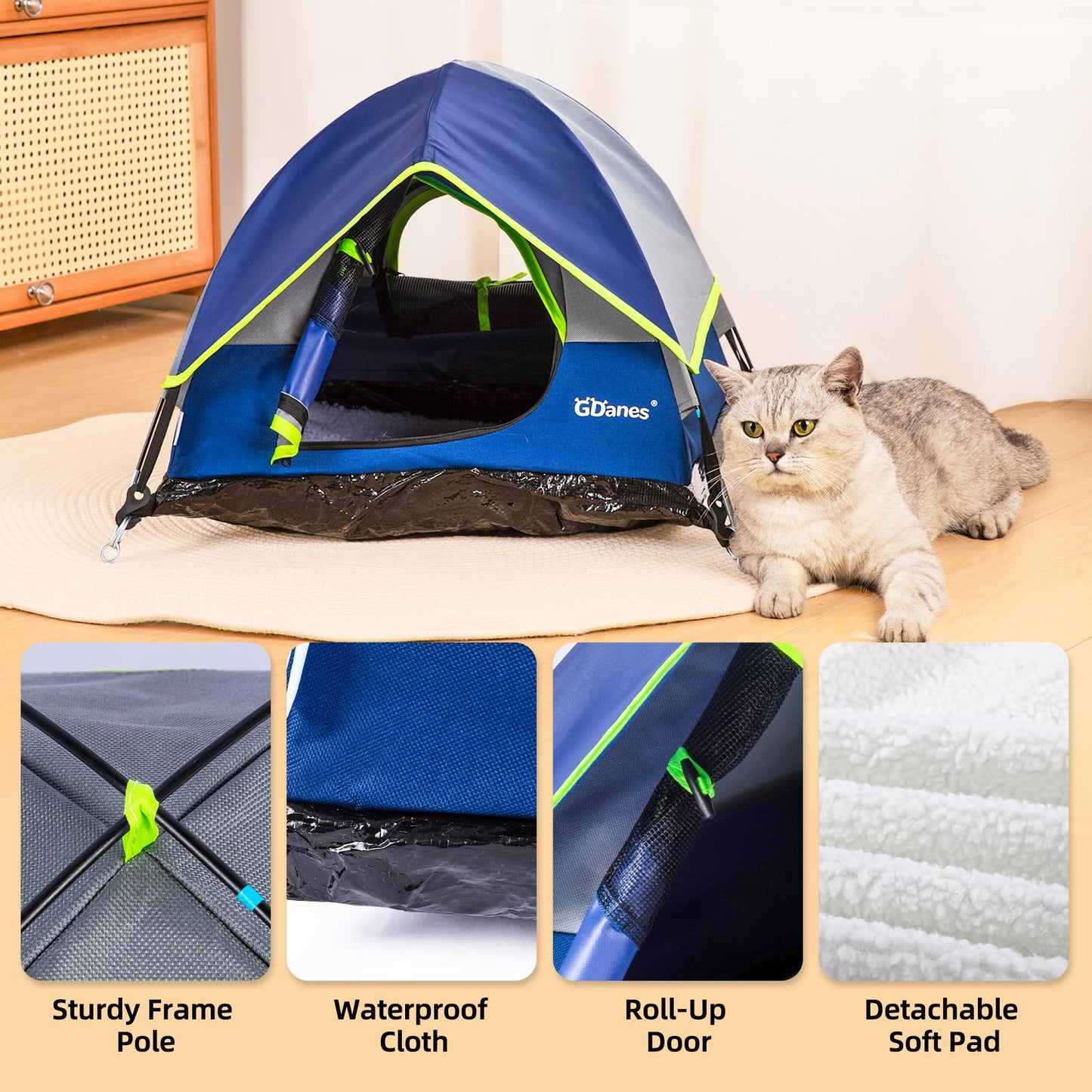 Blue Cat Tent, Large Cave Bed for Indoor Cats and Small Dogs with Soft Mat - 22" x 22" x 14"