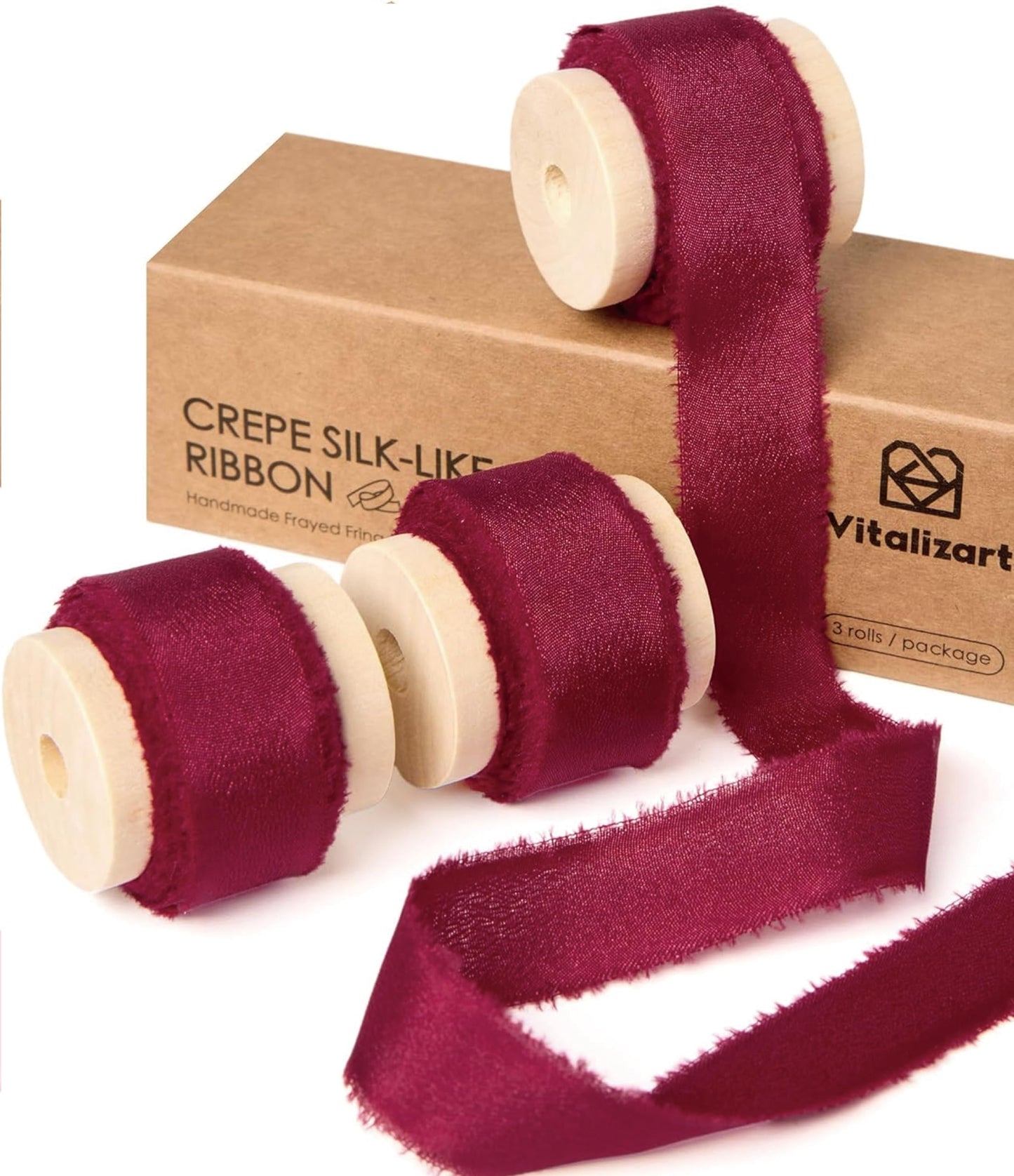 Vitalizart Red Ribbons for Gift Wrapping Silky Satin Ribbon 5/8" x 15Yd, Silk-Like Crepe Ribbons Handmade Frayed Fringe for Valentines Day Gift