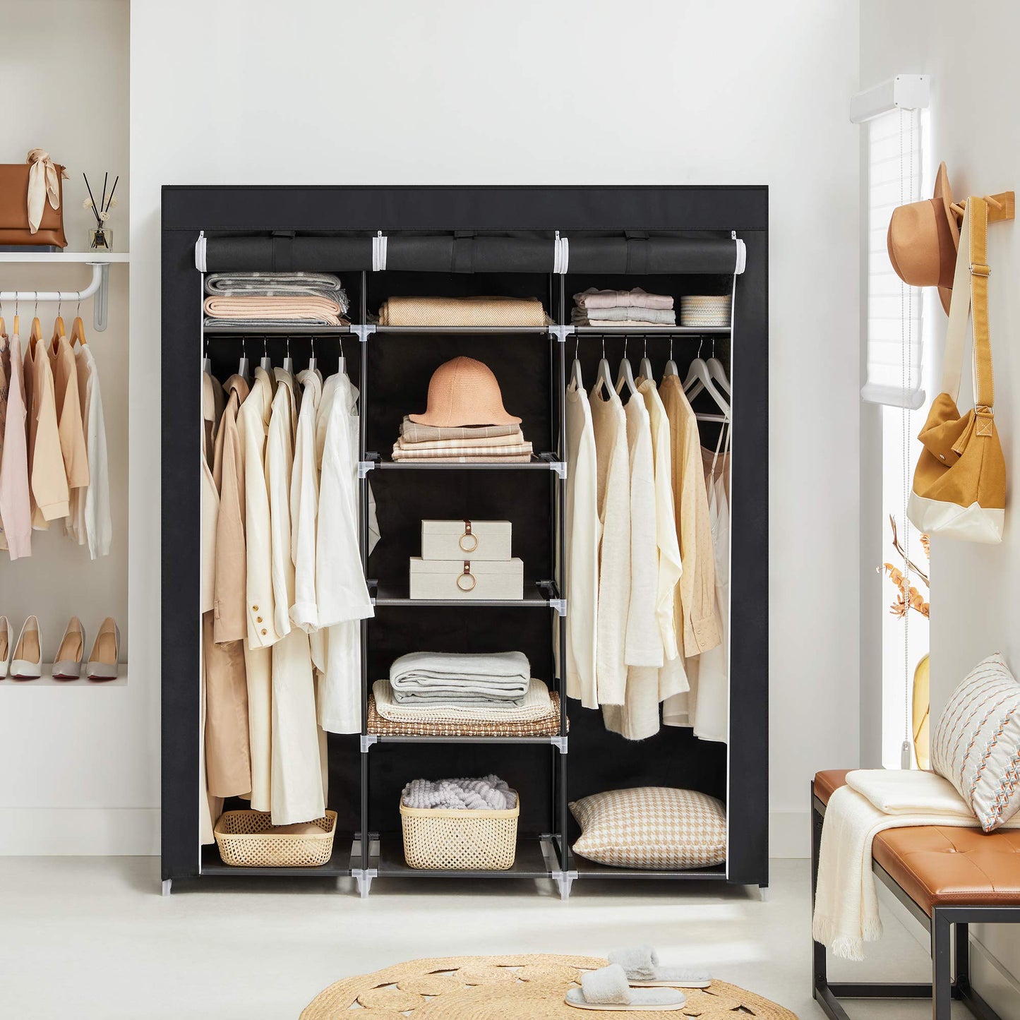 SONGMICS RYG12B Folding Wardrobe, Fabric Cabinet, Foldable Coat Rack with 2 Clothes Rails, 175 x 150 x 45 cm, Black, Canvas