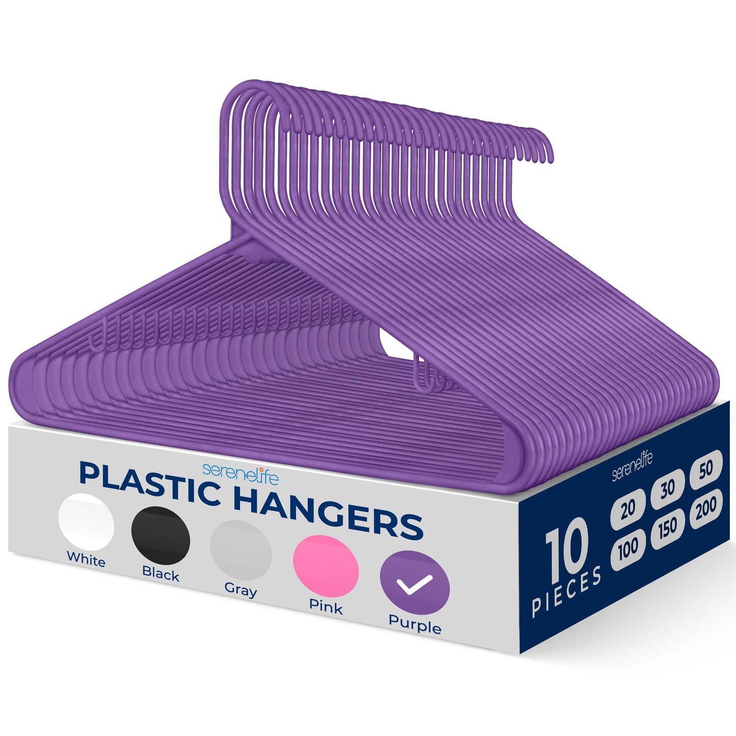 SereneLife Plastic Hangers 10 pcs, Non-Slip Heavy Duty Clothes Hanger Set, Smooth Finish to Protect Fabric, Lightweight
