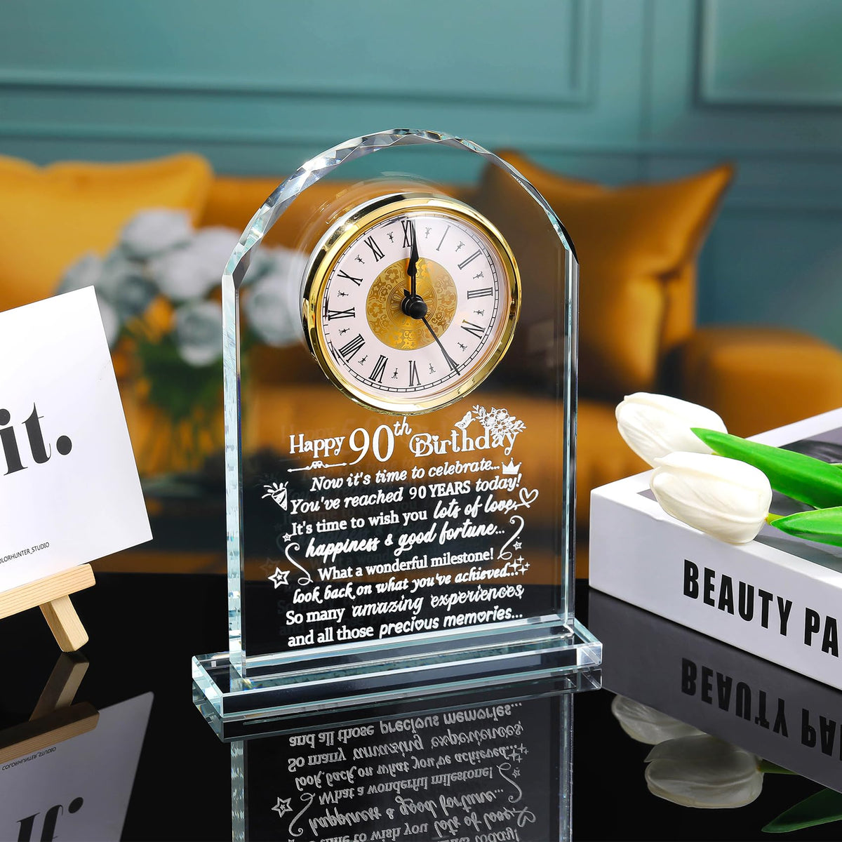 Ornalrist Happy 90th Birthday Quartz Clock Gifts for Women Men, 90th Birthday Presents for Grandparents Glass Keepsake Birthday Blessing for Turning