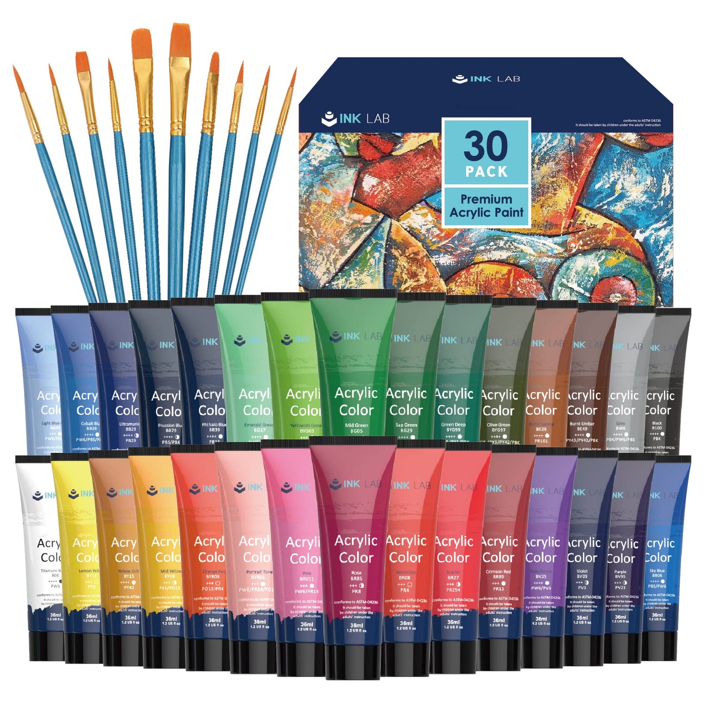 INK LAB Acrylic Paint Set 30 Colours Acrylic Paints in Tubes Non Toxic for Artists Beginners Painting on Canvas Wood Fabric Rocks, 36ml/Tube, Rich