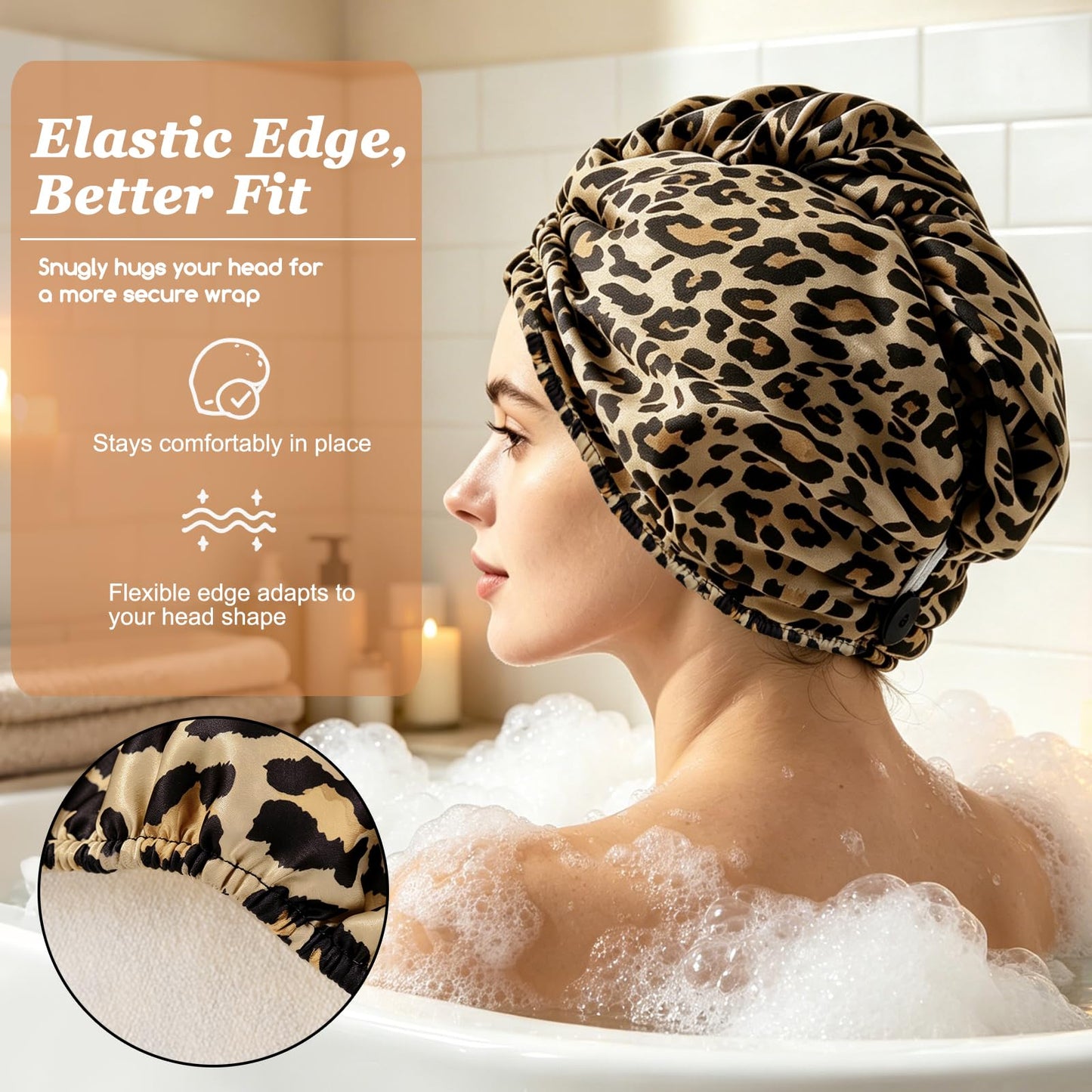 Lkw Ogechi Double Layer Microfiber Satin Hair Drying Towel Wrap 70x25cm with Button, Soft and Anti Frizz Hair Turban Towels