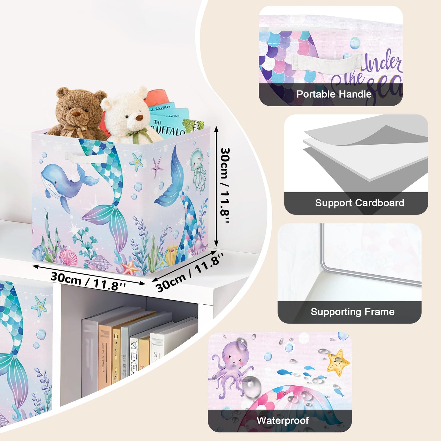 Clastyle 3 pcs Mermaid Cube Storage Boxes for Shelves Kallax Boxes
