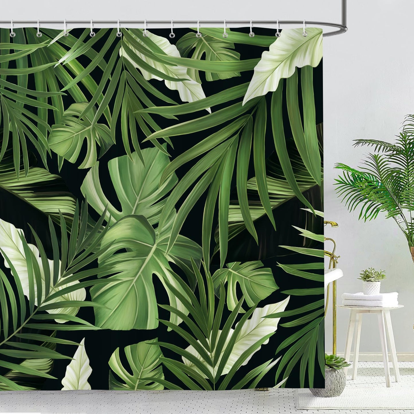 Bonhause Tropical Leaves Shower Curtain Green Palm Leaf Plant Bathroom Curtain 180 x 200 cm Waterproof Mildew & Mould Resistant Polyester Fabric Bath