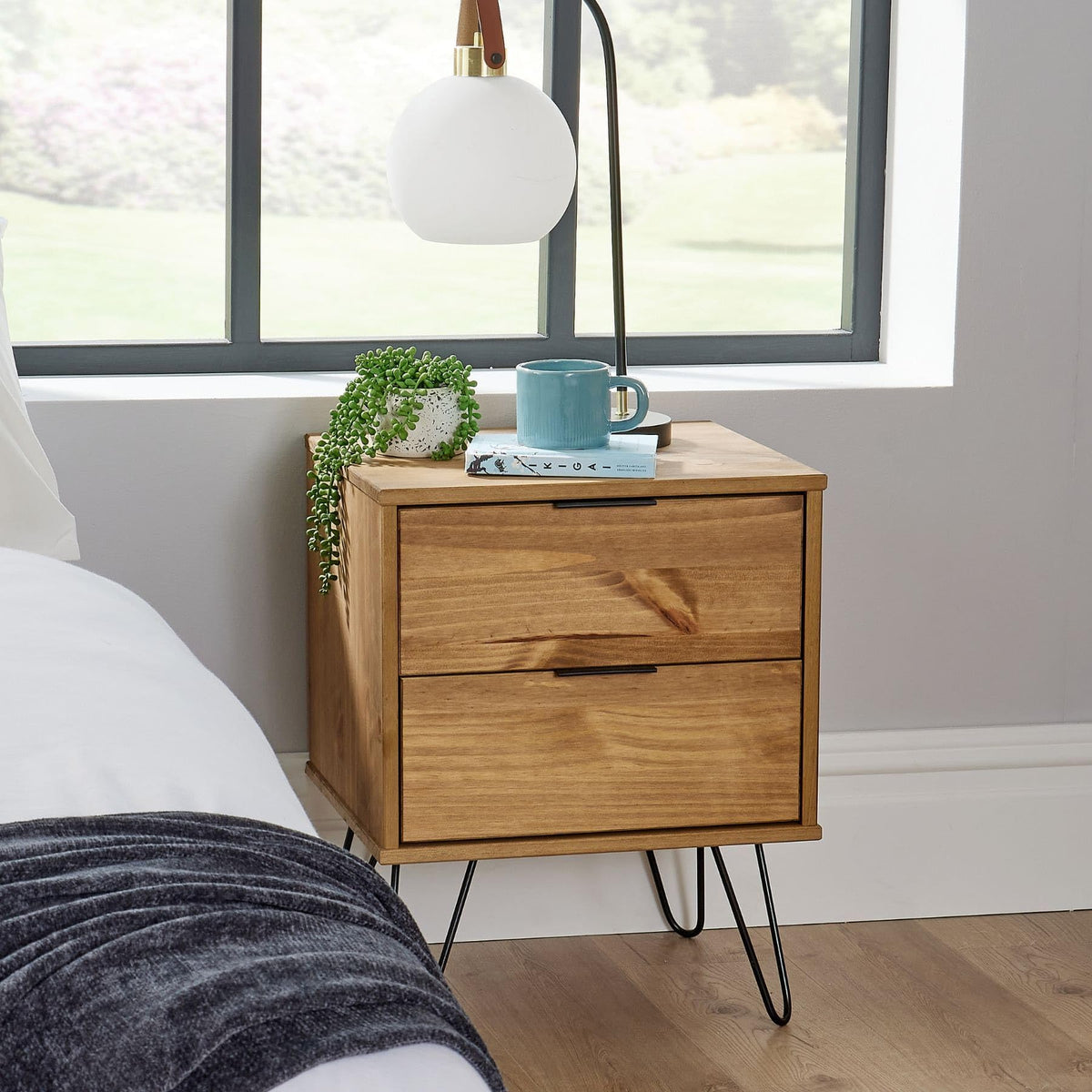 Home Source Acadia Bedside Cabinet Nightstand Industrial Wooden End Side Table Storage, Pine, 2 Drawer