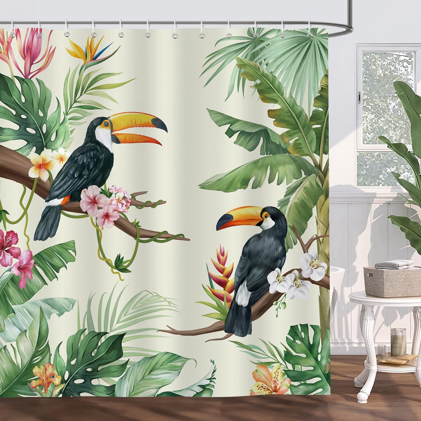 Bonhause Tropical Birds Leaves Shower Curtain Toucan Green Jungle Palm Leaf Bathroom Curtain 180 x 180 cm Waterproof Mildew & Mould Resistant