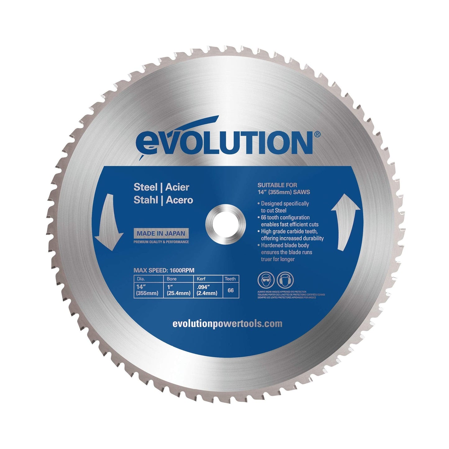 Evolution Power Tools 66TBLADE Blade for Cutting Mild Steel, For Circular and Chop Saws, Carbide-Tipped TCT Blade For Cold Metal Cutting, 66 Teeth,