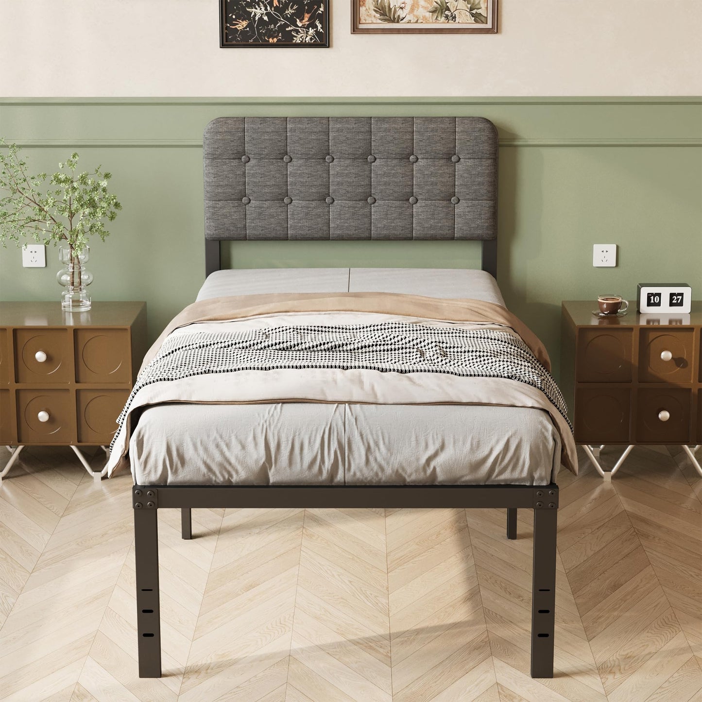 Lutown-Teen Single Bed Frame with Grey Upholstered Headboard