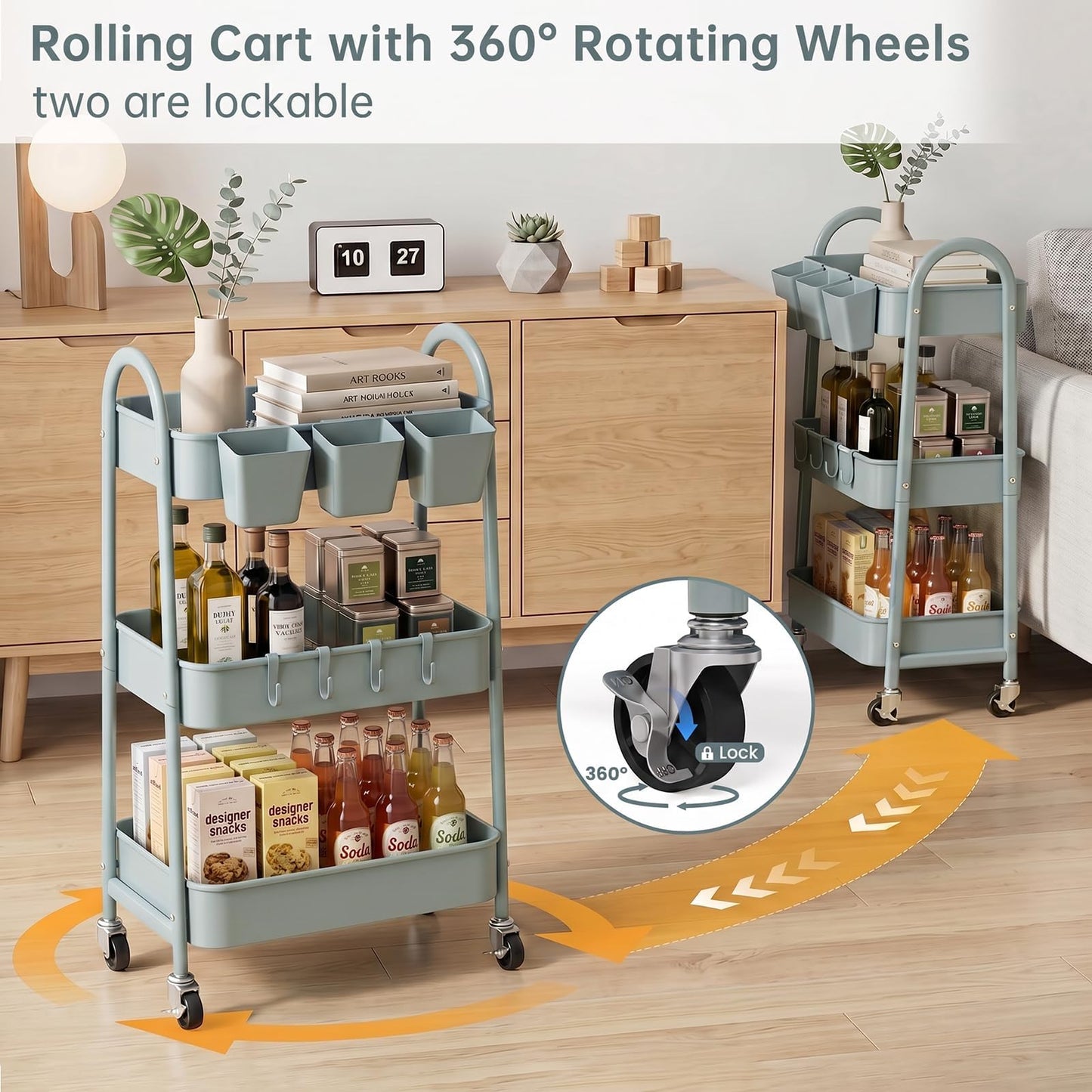 danpinera 3-Tier storage trolley, Metal storage cart with Lockable Wheels & Hanging Cups & Hooks, storage trolley on wheels for bathroom, kitchen