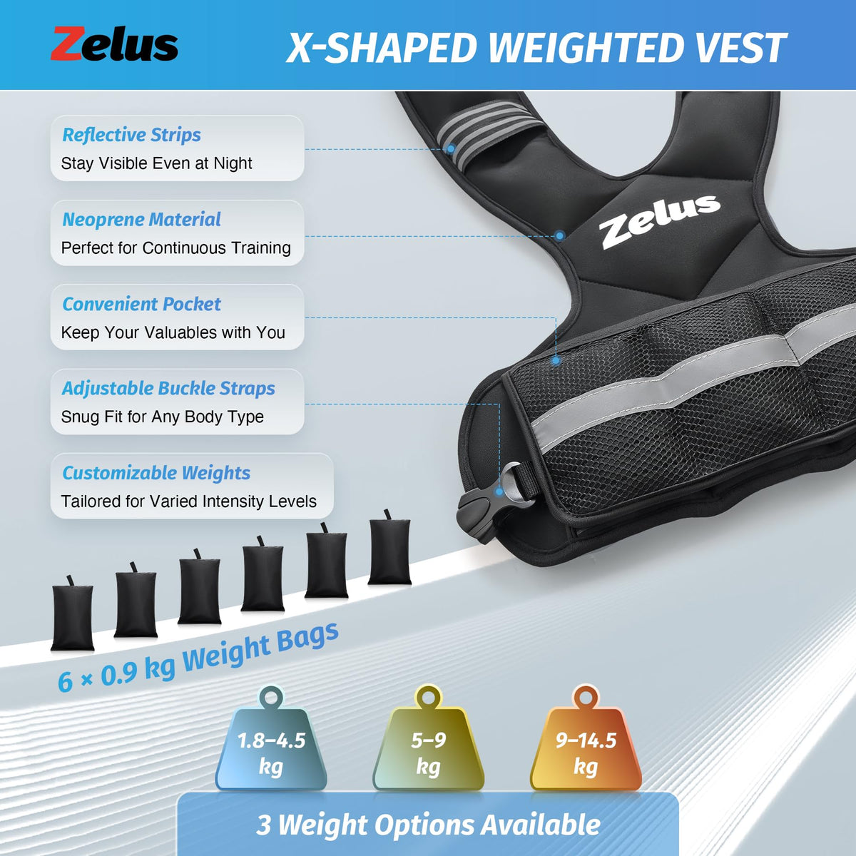 ZELUS Weighted Vest for Men and Women, 9-14.5 kg Adjustable Weighted vest with weights Included | Weight Vests with 6 Ironsand Weights for Cardio and