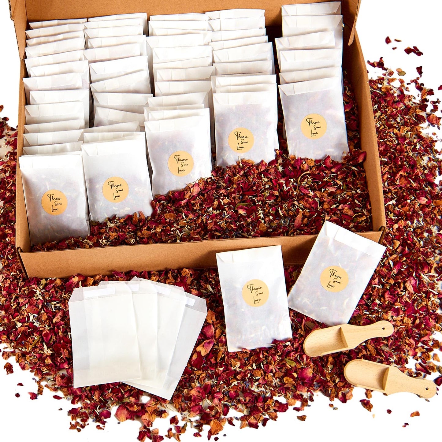 Tenare 100 Sets Wedding Confetti Bags Kit with Display Box for 100 Guests, Includes Glassine Confetti Bags Natural Dried Rose Petals and Stickers