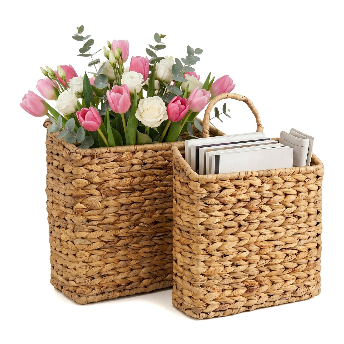 FRONDENT Wicker Hanging Storage Basket, 2 Pack Hanging Baskets Wall Planter, Woven Water Hyacinth Baskets, Storage Organizer Basket for Walls, Doors