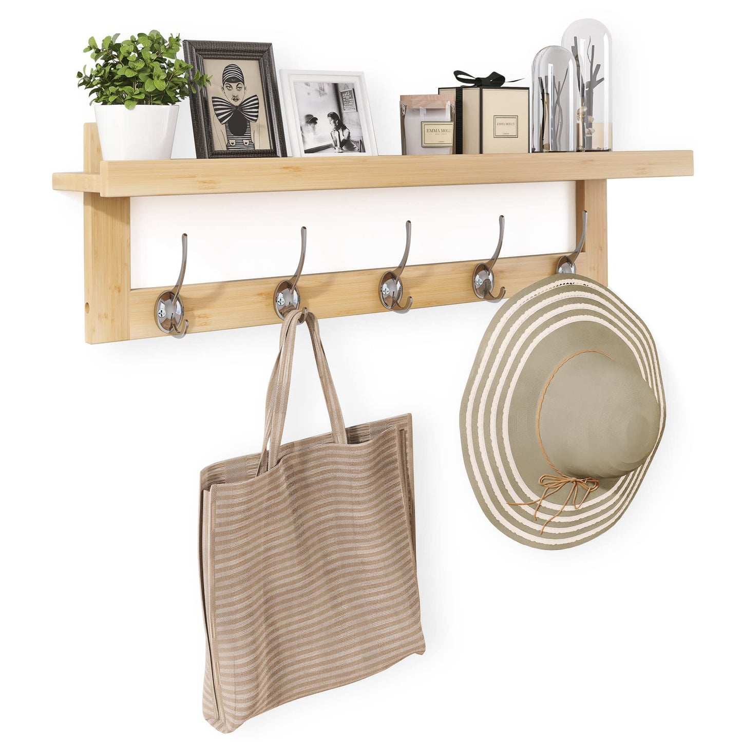 SMIBUY Coat Hooks with Shelf Wall-Mounted, 74 cm Entryway Coat Rack for Wall, Bamboo Hanging Shelf with 5 Double Metal Hooks for Bathroom, Bedroom