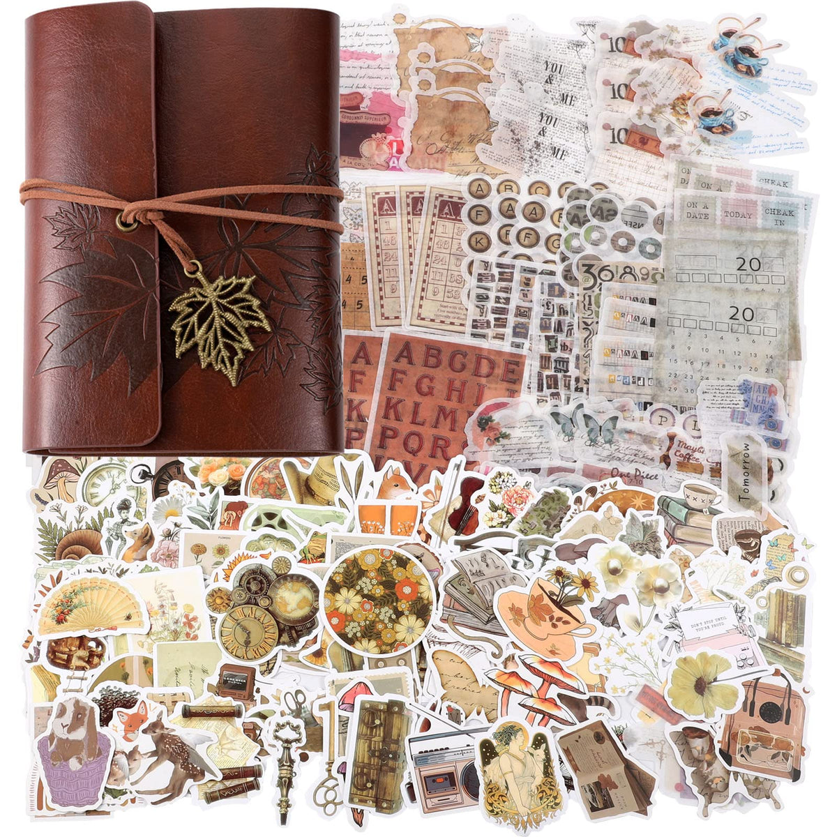228 Pcs Vintage Scrapbooking Sticker Paper with A7 Scrapbook for Journaling Retro Collection Aesthetic Stickers Washi Stamping Craft Kits Collage