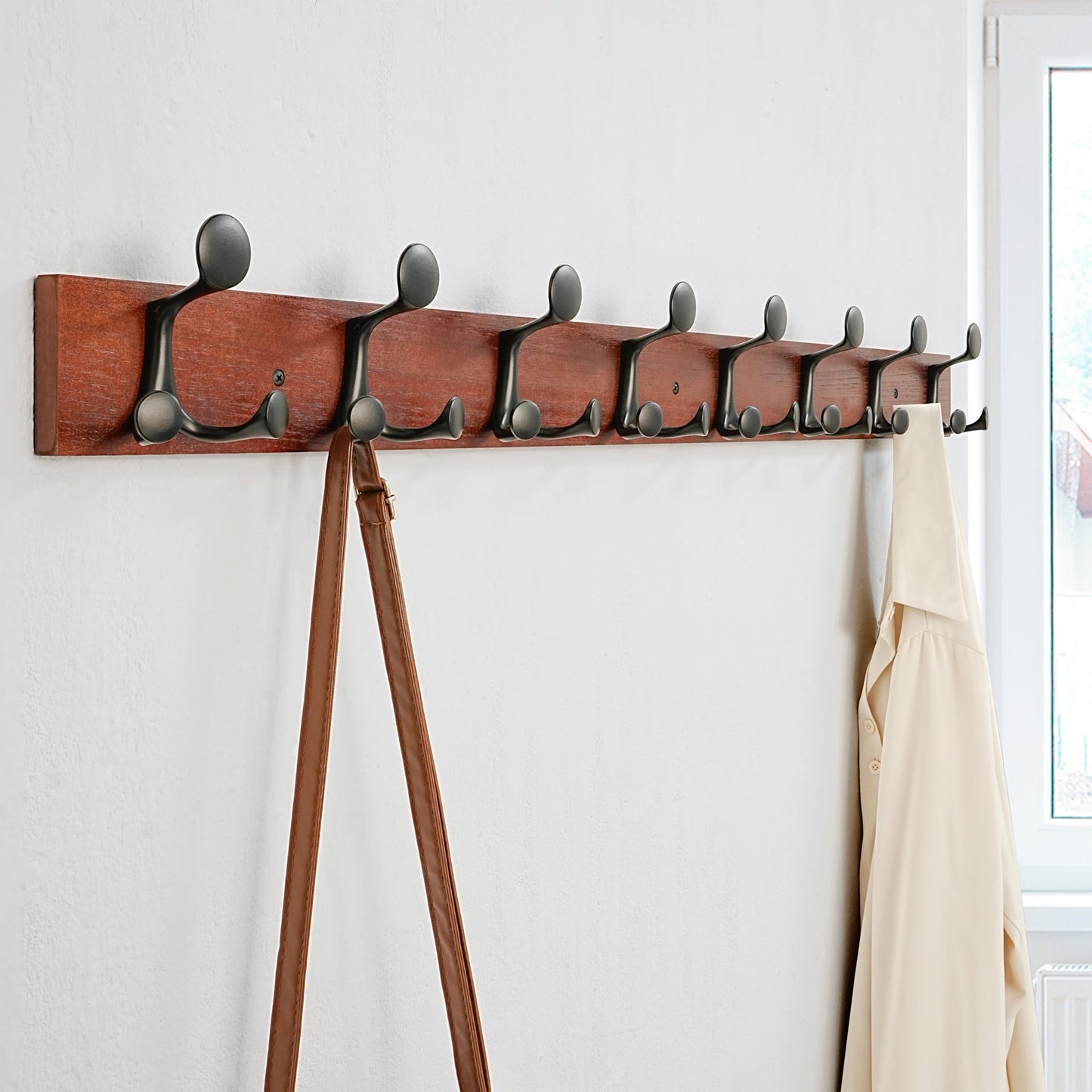 SKOLOO 109 cm Cherry Wood Coat Rack Wall Mount with 8 Triple Hooks - Ideal for Family Entrances, Classrooms, and Pet Supplies Storage