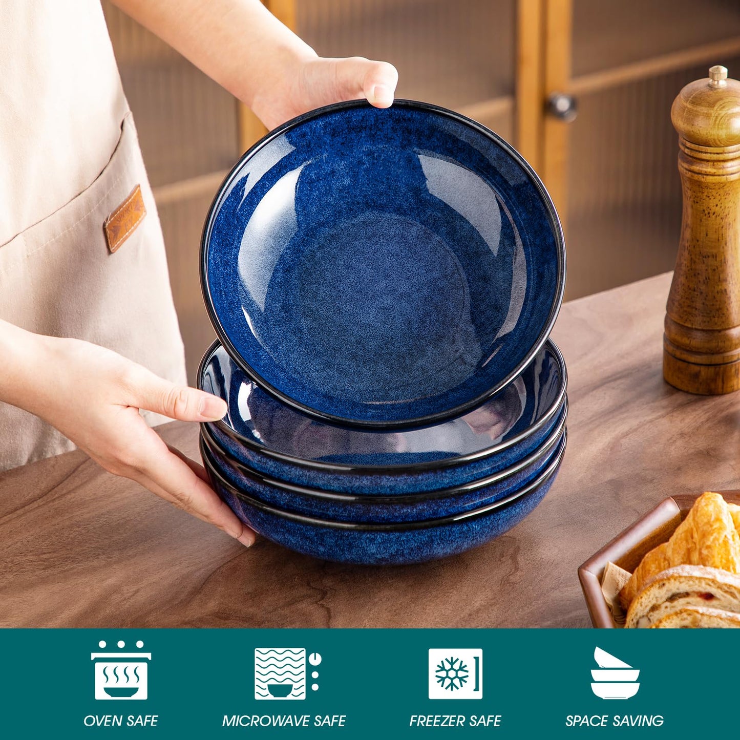 vancasso Stern 38 oz Ceramic Pasta Bowl Set of 4, Large Salad Bowls for Serving, Microwave Oven Safe Soup Bowls for Kitchen, Blue Stoneware Bowl Set