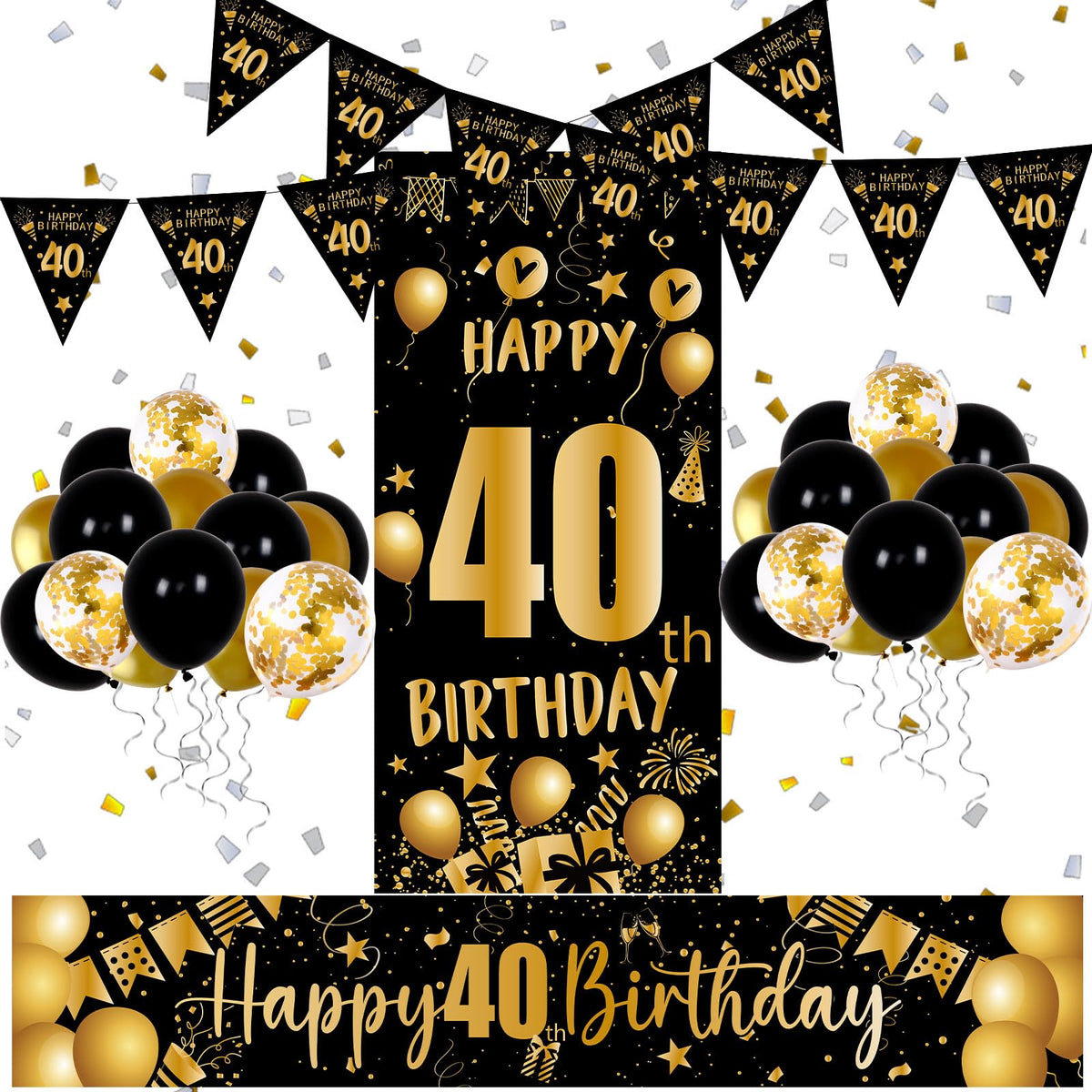 40th Birthday Decoration for Men Women, Happy 40th Brithday Banner, Black and Gold Happy 40th Birihday Balloons Backdrop,40th Birthdy Decorations Men