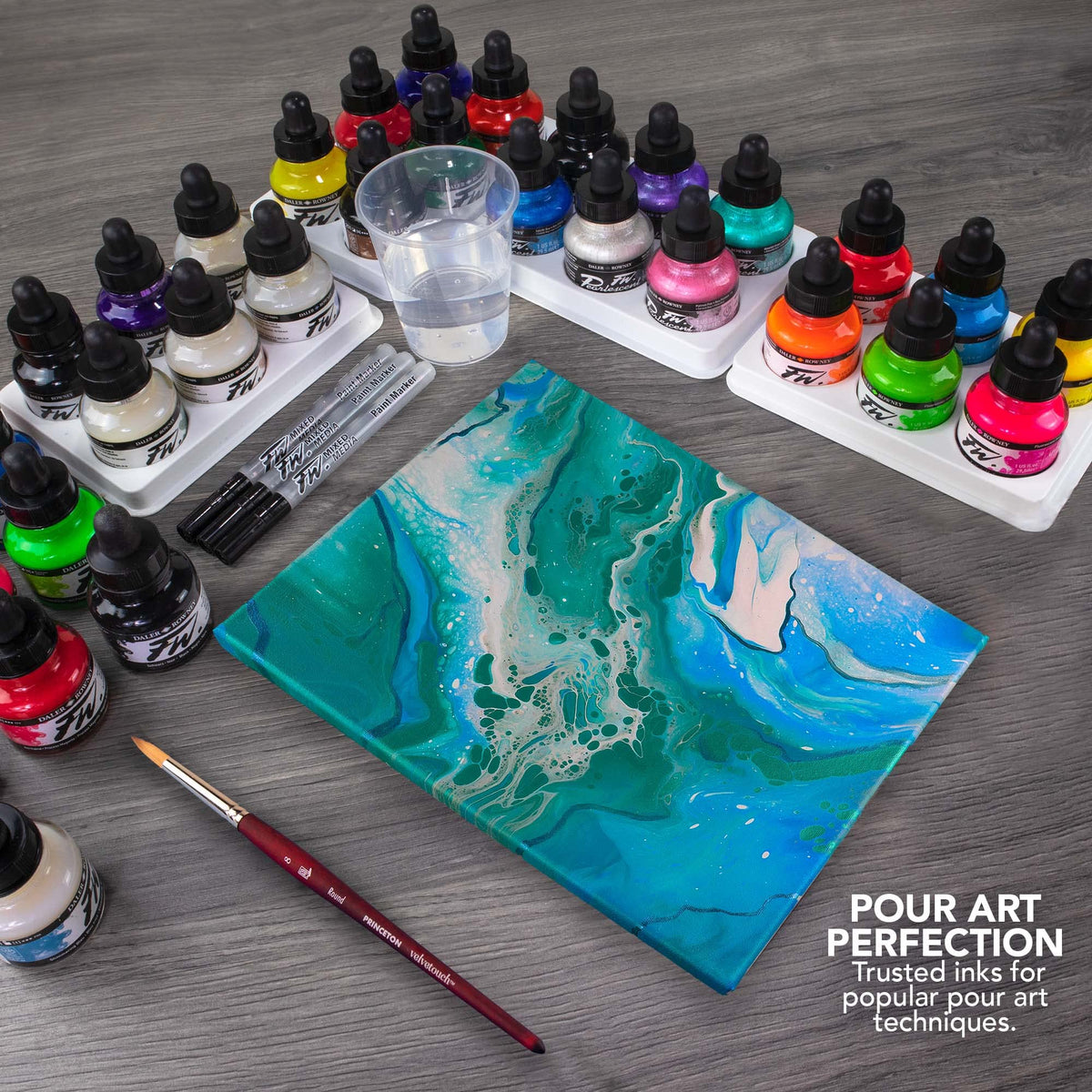 Daler-Rowney FW Primary Ink Set, 6 x 29.5ml Bottles & 1 FW Mixed Media Marker, Acrylic Based Ink, Assorted Colours, Ideal for Professional Artists &