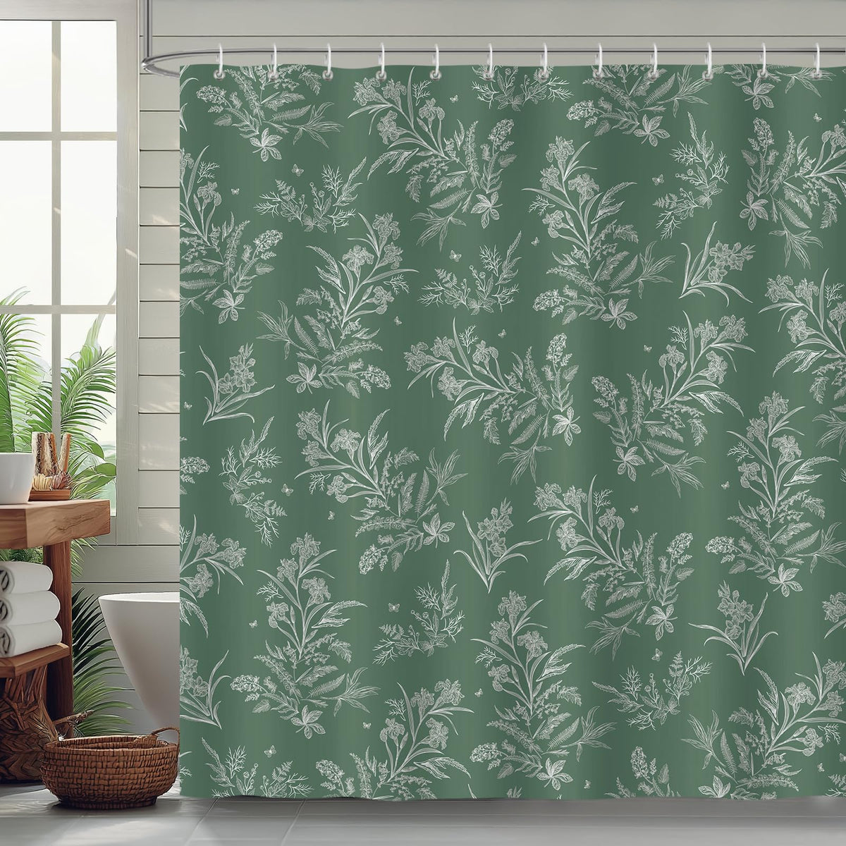 COZZSNUGE Vintage Floral Shower Curtain, Boho Plants Farmhouse Green Bathroom Curtain 183 x 183 cm, Water Repellent Mildew Resistant Polyester with 12