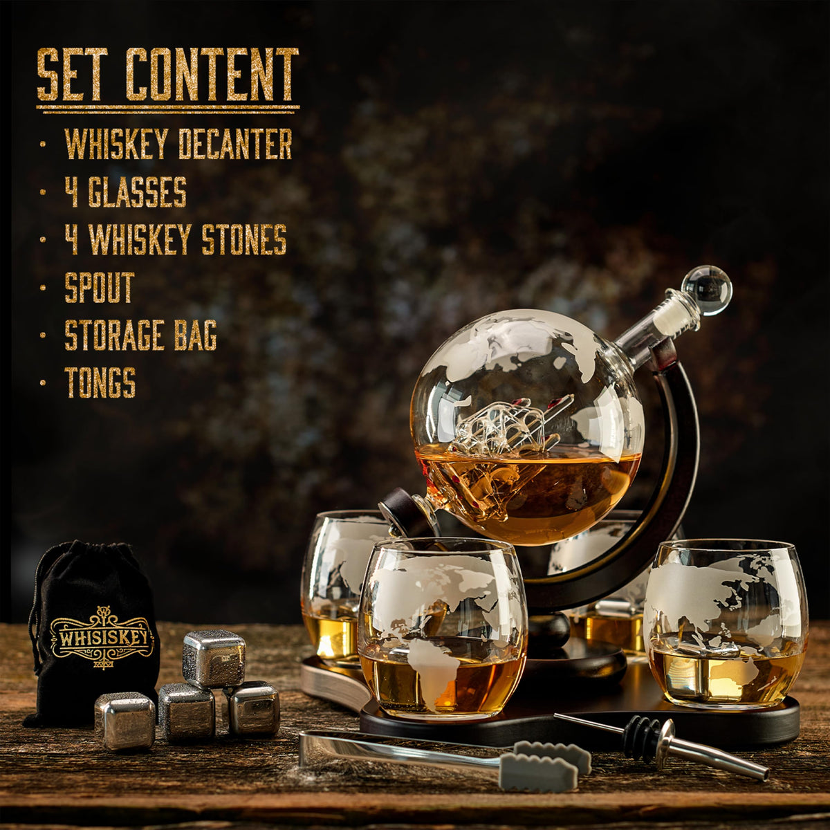 WHISISKEY - Whiskey Decanter Set - 900ML Globe Carafe - Whiskey Gift Sets for Men - Whisky Set - Glass Gifts for Men - Inc. 4 Whiskey Glasses, 4