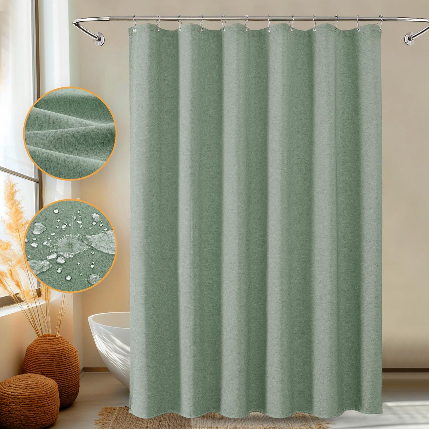 Shower Curtain, Heavy-Duty Linen-Texture Fabric Shower Curtain, Extra Soft Double-layer waterproof Shower Curtains With Smart Function Stainless Steel