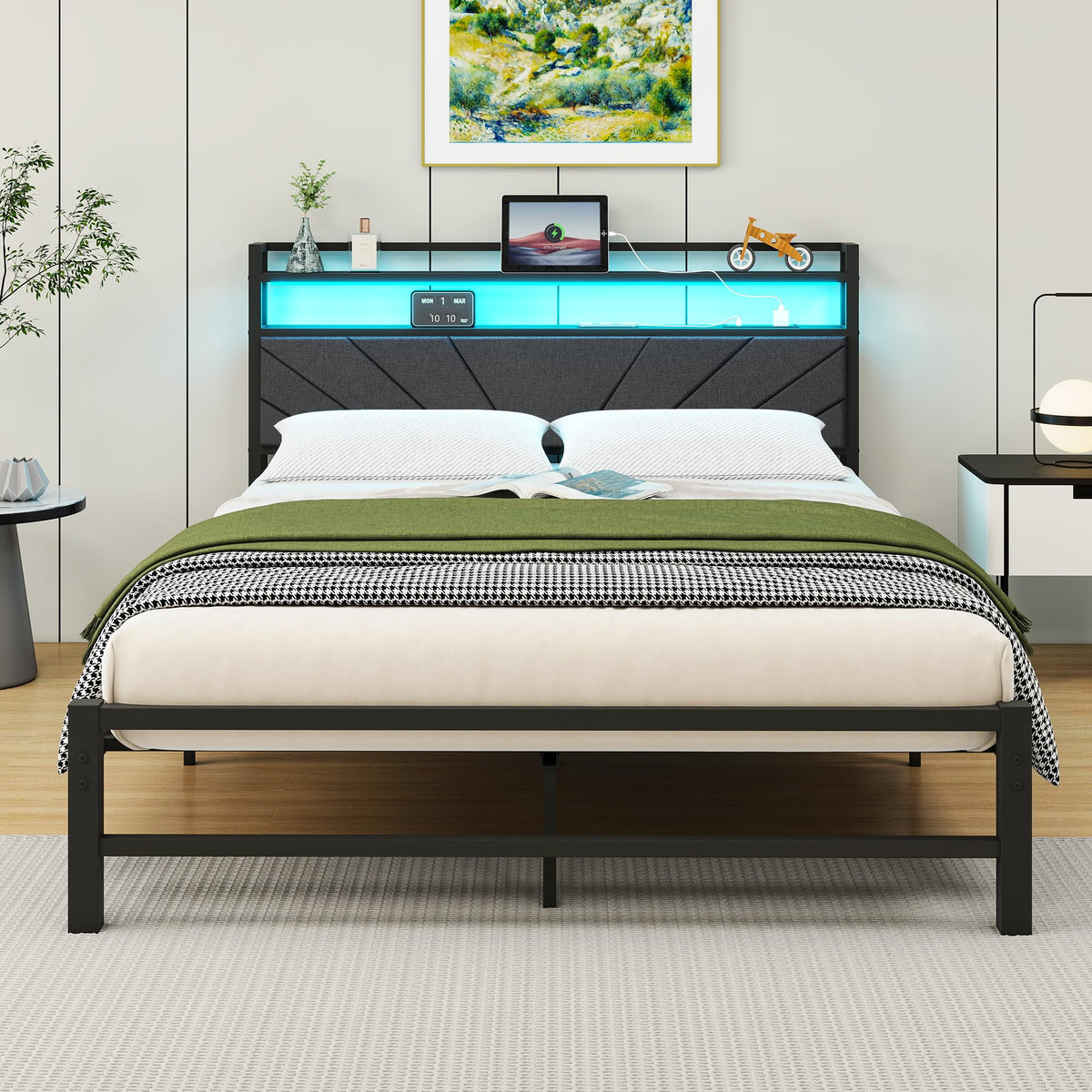 HOMERECOMMEND King Bed Frames with Upholstered Storage Shelf and LED Lights,Upholstered Bed Frame Double Size,Mattress Foundation/Strong Steel Slat