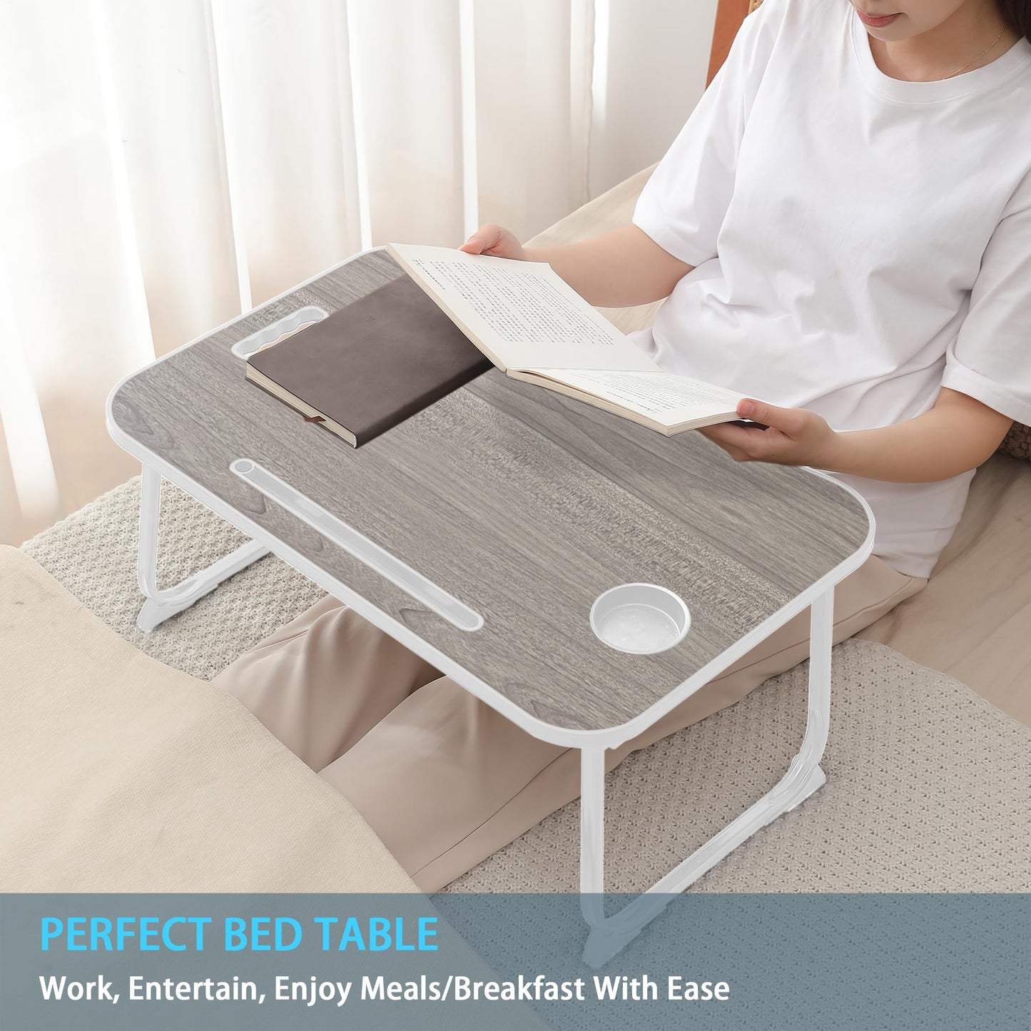 Laptop Bed Desk, Lap Desk Breakfast Tray Table for Eating, Reading, Writing, Laptop Stand for Bed, Sofa, Home and Office (Grey)