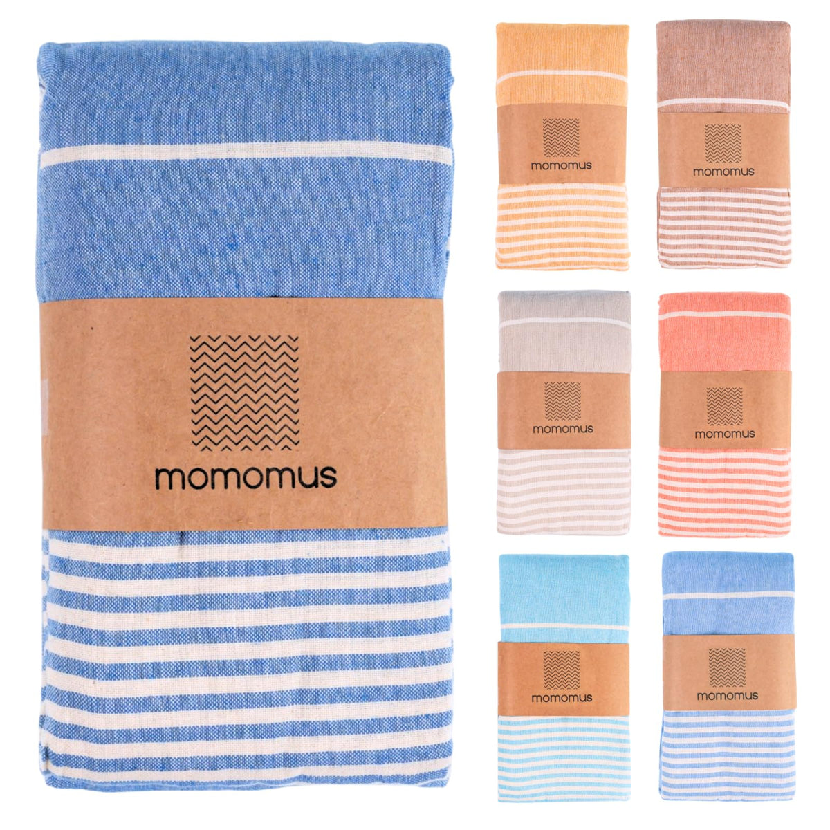 MOMOMUS Fouta XXL, Extra Large Beach Towel for Adults - Beach Picnic Blanket - 100% Cotton, with Fringes and Sand Free - Blue, 210x240 cm