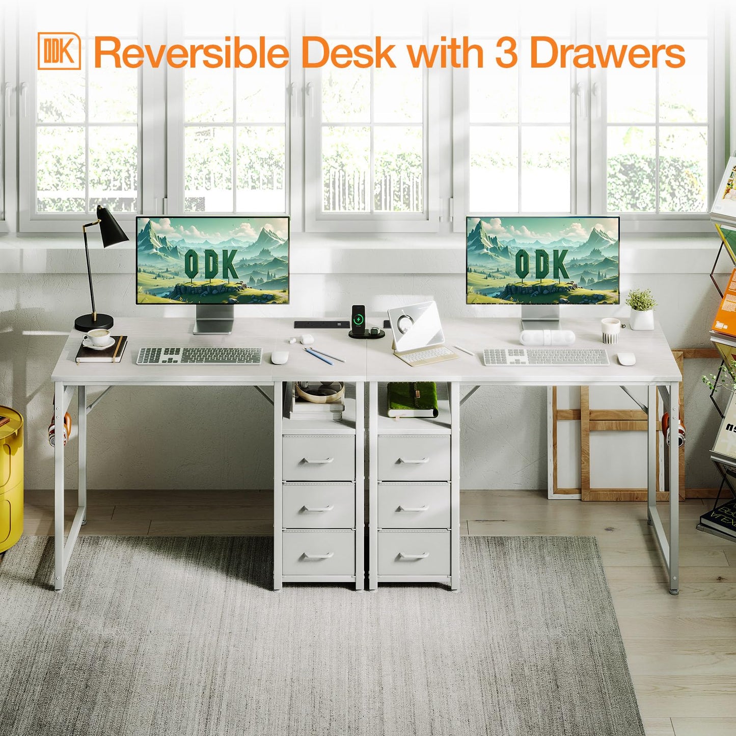 ODK Computer Desk with Drawers, 100cm Office Desk with Sockets, White