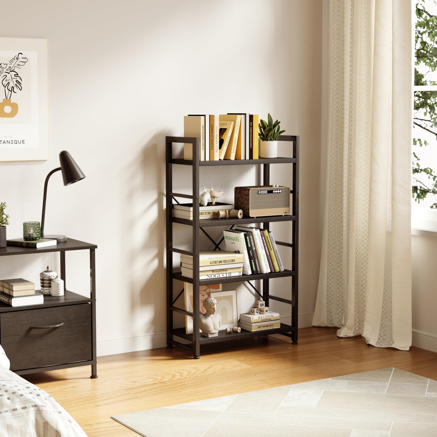 VERMESS Industrial Bookshelf, 4-Tier 24inch Black Shelving Unit Wood Bookcase with Open Shelves, Rustic Standing Bookshelves Metal Frame Display Rack