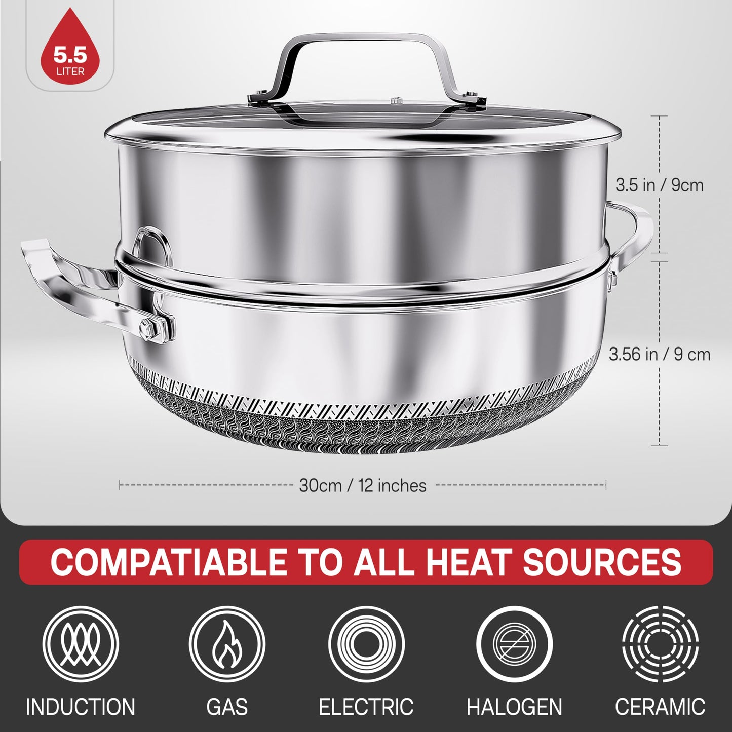 Casserole Dish with Lid Ovenproof Pot | Stainless Steel Hybrid | Toxin Free | Anti Scratch| Non Stick | 30cm | PFOA free | Induction Compatiable |