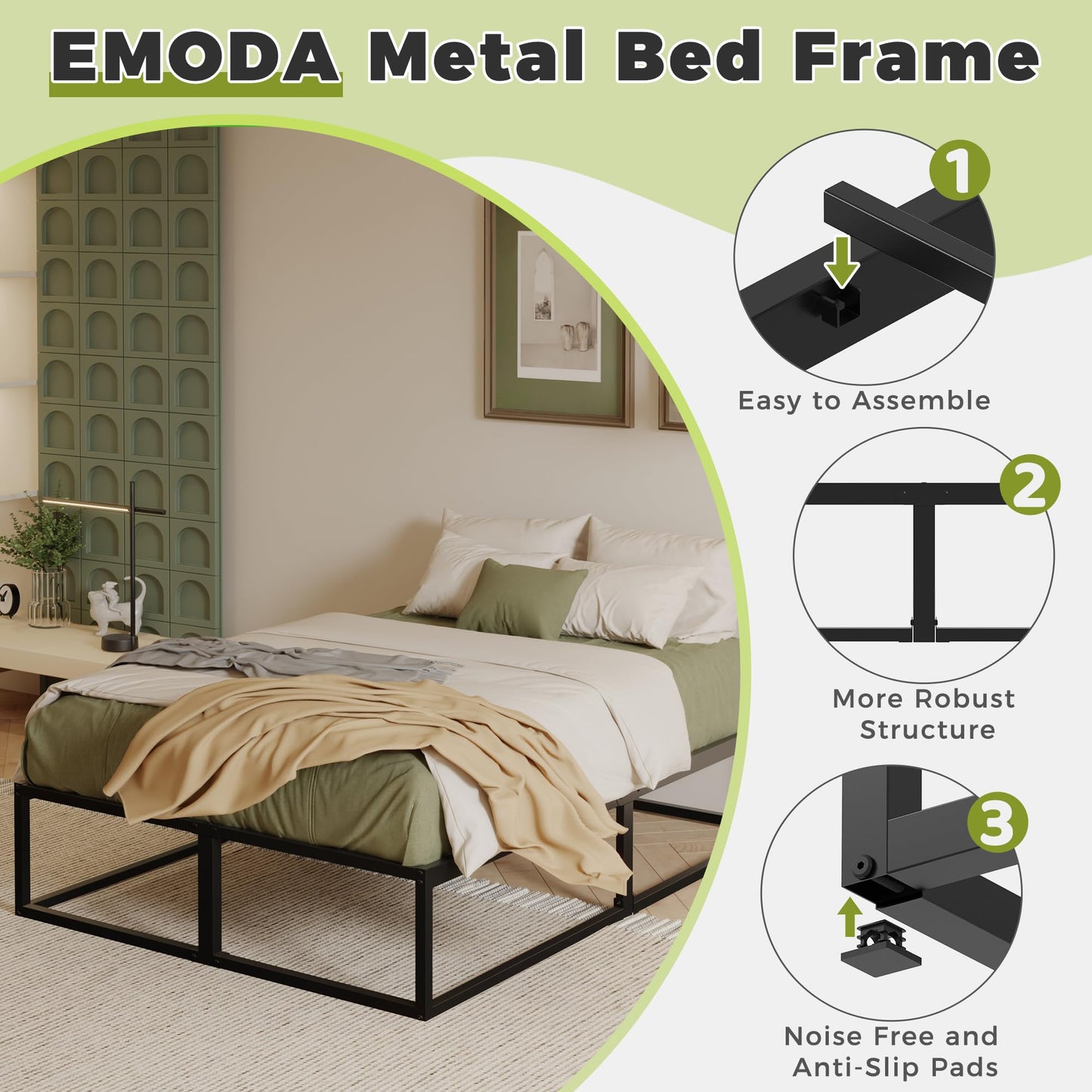 EMODA Metal Bed Frame 160 x 190cm with Steel Slats Support, Black