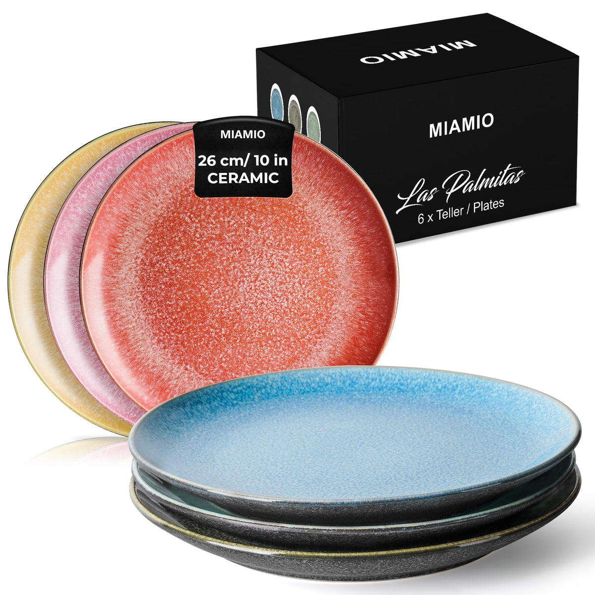 MIAMIO ? Set of 6, 26 cm Dinner Plates, Ceramic Plates, Kitchen Plates, Plate Sets ? Microwave Safe Plates, Oven and Dishwasher Safe ? Las Palmitas