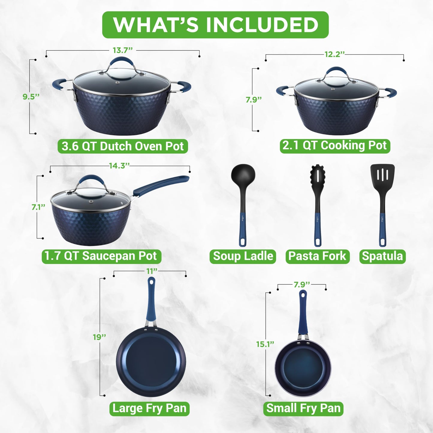 Nutrichef NCCW11DS Pots and Pans Set Cookware, Reinforced Forged Aluminum Metal, Engineered Nylon Silicone, Tempered Glass, Blue Diamond