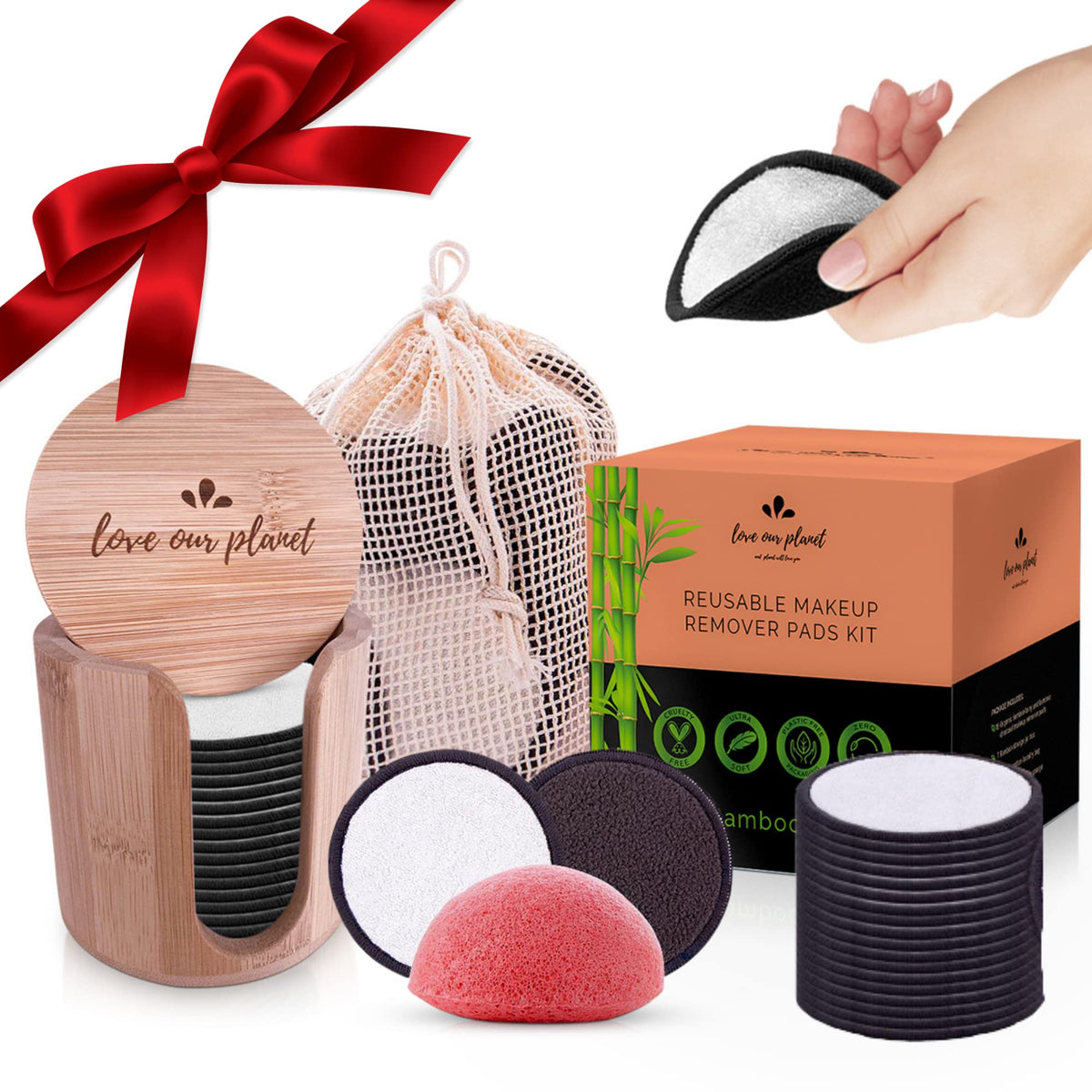 Love Our Planet Reusable Makeup Remover Pads I 18 Reusable Cotton Bamboo Pads I Reusable Make Up Pads, Face Eye Remover Pads, Washable, Eco Friendly