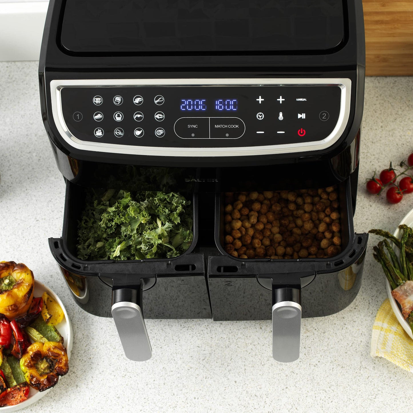 Salter EK4548 Dual Air Fryer - Double Drawer, 2 XL Non-Stick Cooking Trays, Sync & Match Cook Function, Independent Cooking, 8.2L, Sensor Touch
