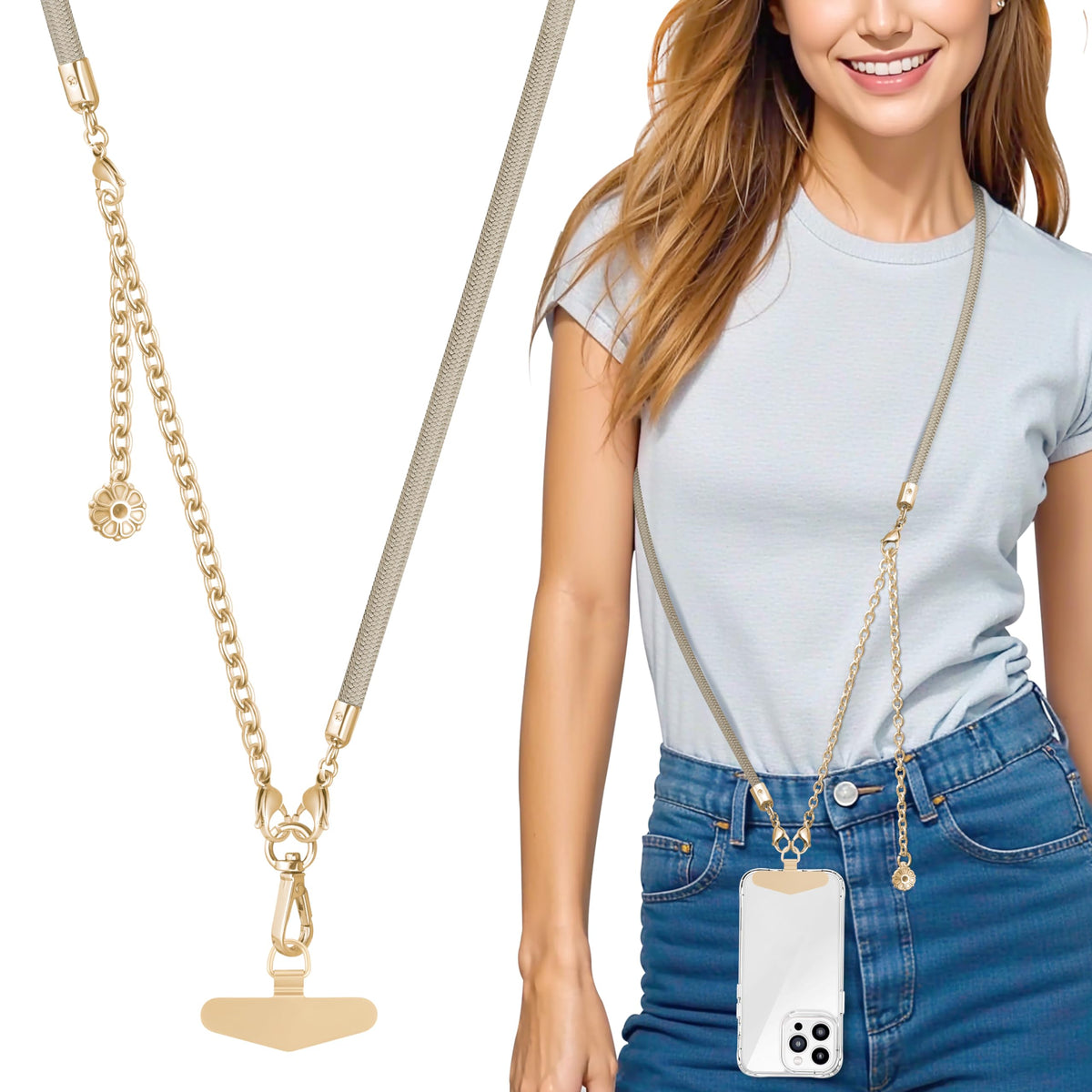 ROCONTRIP 2-In-1 Mobile Phone Lanyard Adjustable Crossbody Phone Chain Strap with Detachable Metal Wrist Strap, Neck Strap for Most Phones with Metal