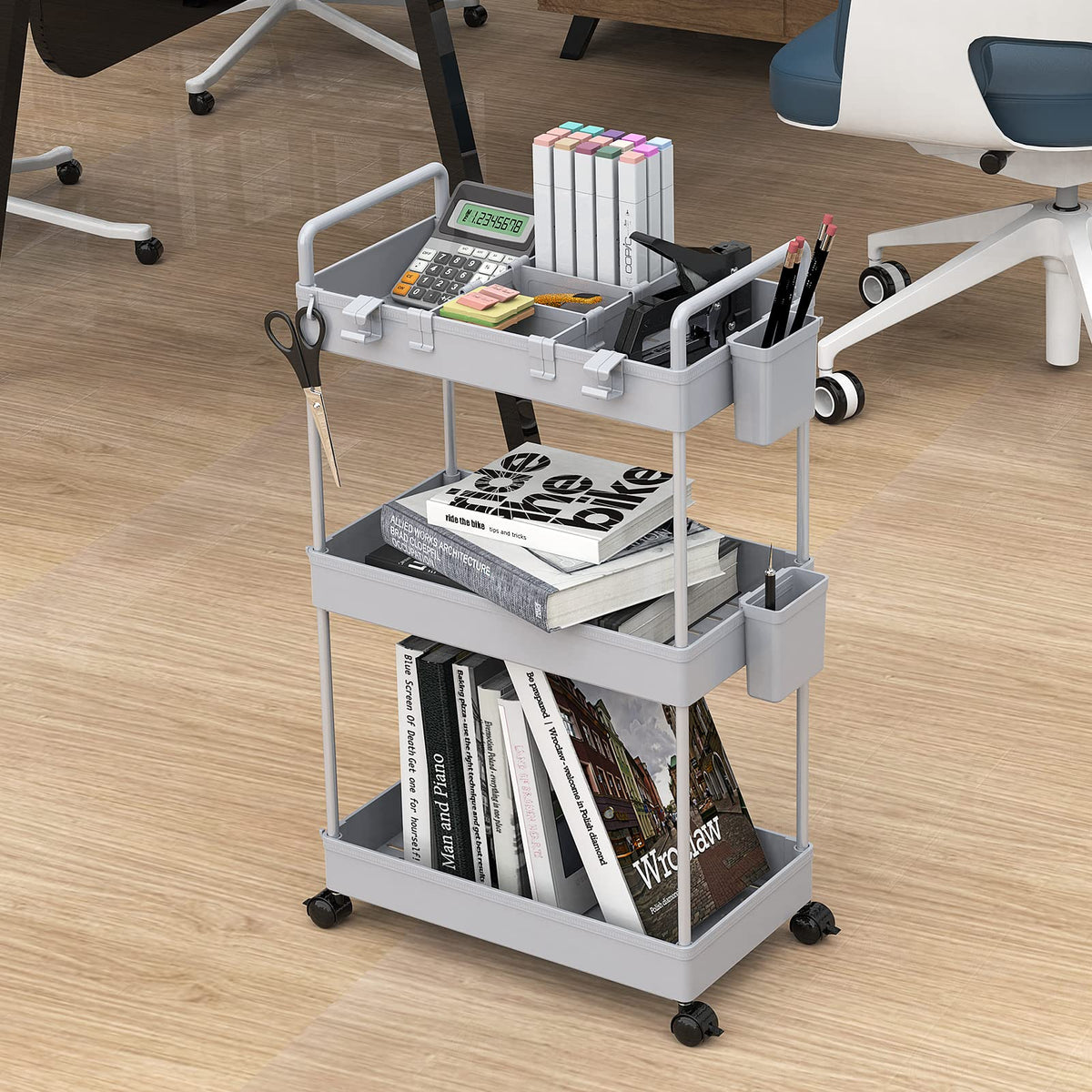 Ronlap Slim Storage Trolley, 3 Tier Rolling Cart Storage Organizer, Grey